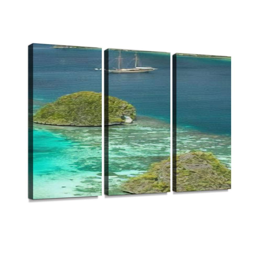 Wayag Islands & Lamima Sailing Boat Canvas Wall Art - 3 Panel Decor for Living Room & Bedroom