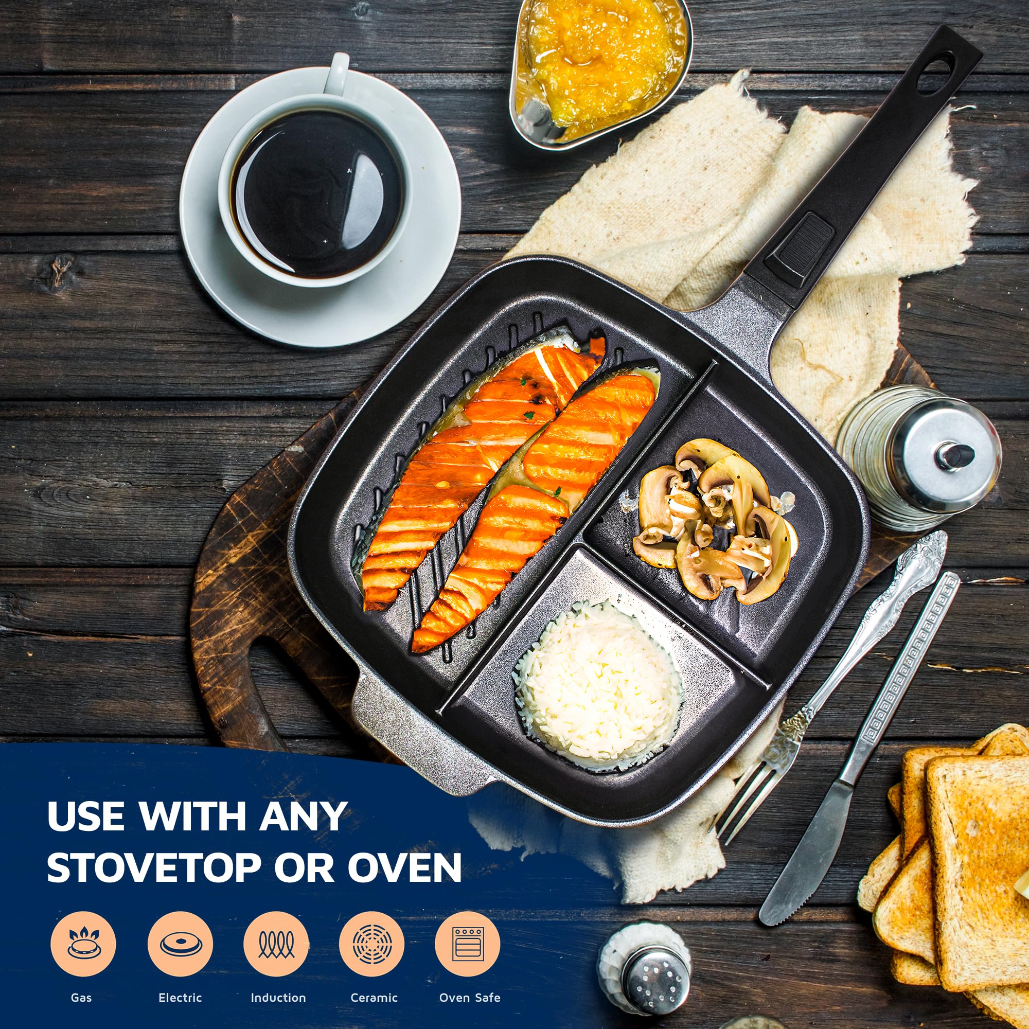 Jean-Patrique Divided Stove Top Grill Pan - Multi-Section Nonstick Frying Pan for Gas, Electric, Induction & Oven - Perfect for Cooking Breakfast, Stir Fry & Meal Prep