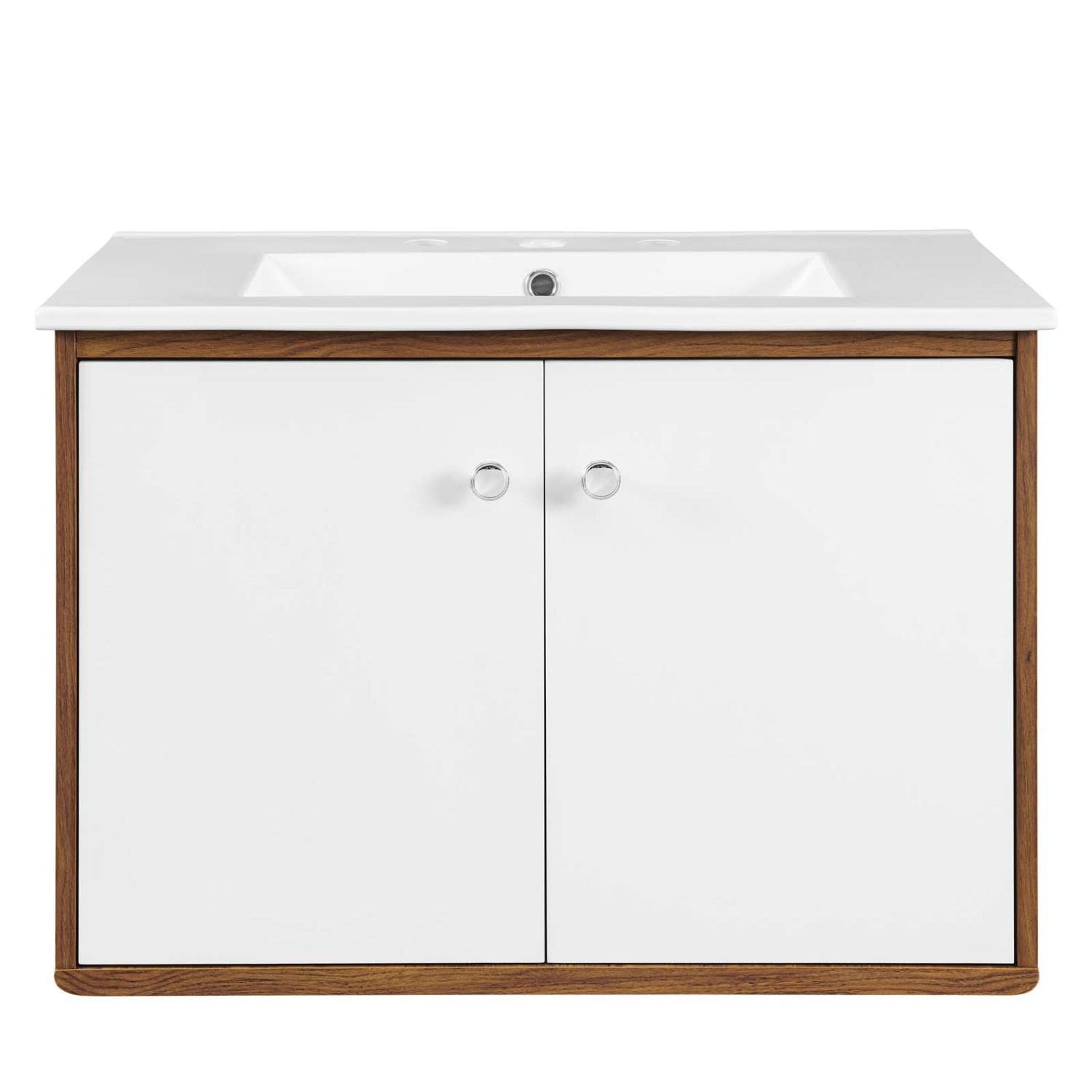 Modway Transmit 30-Inch Wall-Mount Bathroom Vanity in Walnut & White - Modern Space-Saving Storage Solution for Small Bathrooms & Powder Rooms