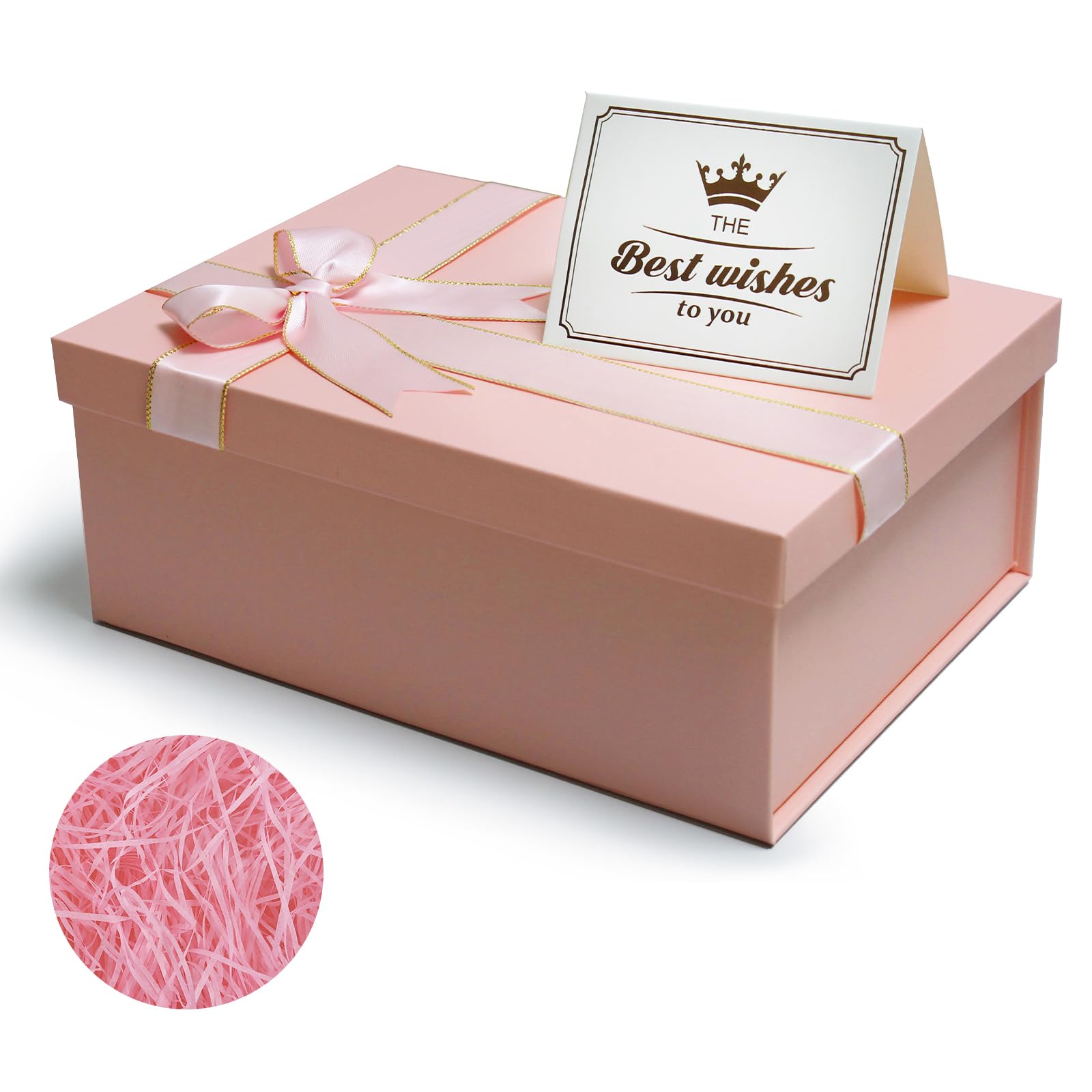 Elegant Pink Gift Box with Lid - 11.3x8.2x4.1 Inch Large Present Box Includes Shredded Paper Fill & Greeting Card - Perfect for Birthday Gifts, Wedding Favors, Anniversary Presents & Special Occasions