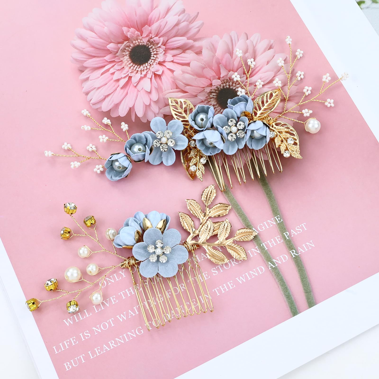 18-Piece Bridal Hair Accessories Set - Pearl Rhinestone Light Blue Flower Side Combs, U-Shaped Pins & Spiral Hairpins for Weddings, Prom, Parties | Perfect for Brides, Bridesmaids & Women