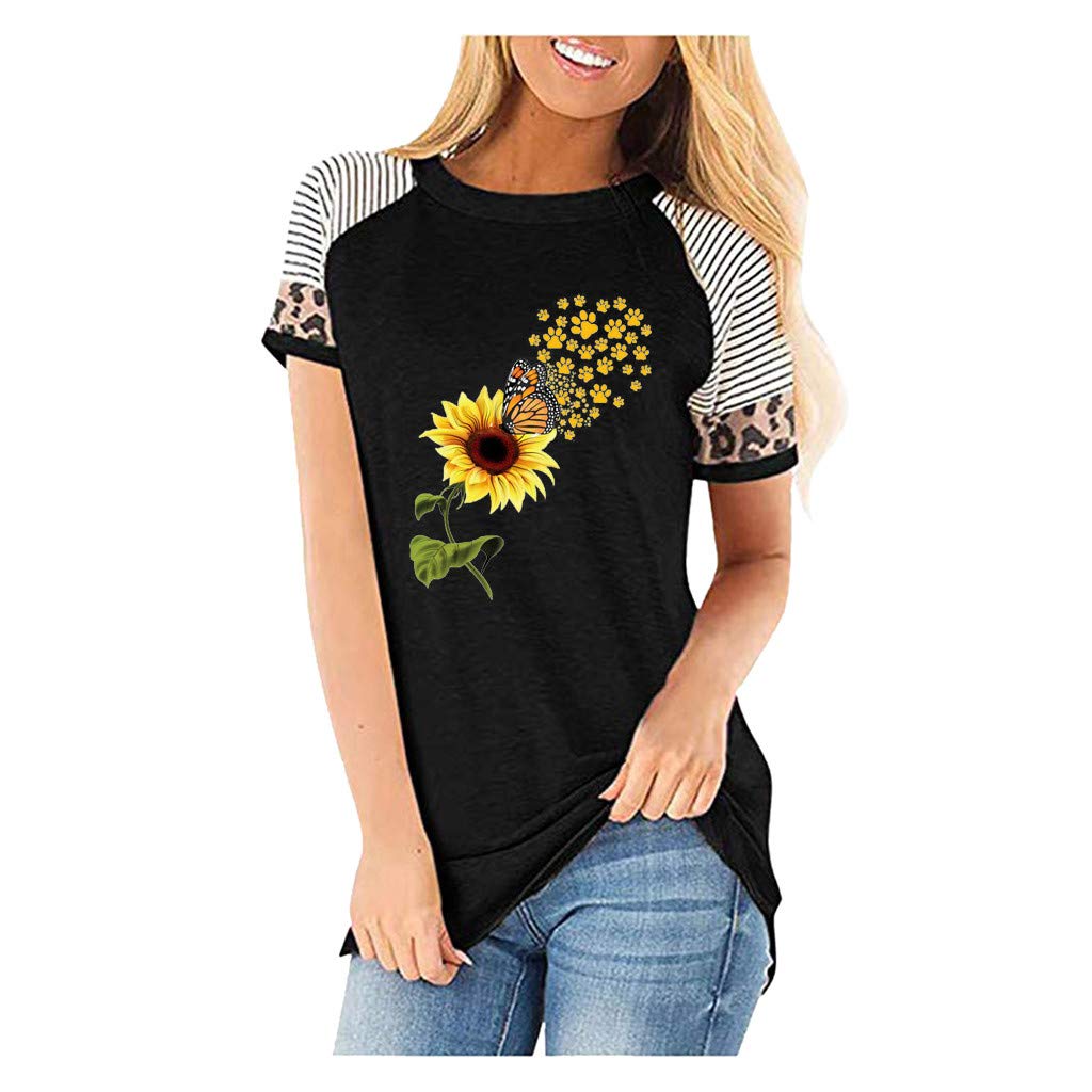 Lozeny Women's Sunflower Butterfly Graphic Patchwork T-Shirt | Raglan Short Sleeve Summer Blouse | Pullover Tunic Top for Casual Wear, Beach Outings & Festival Fashion