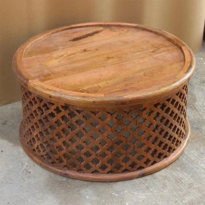 Hand Carved Wooden Coffee Table - Round Brown Center Table for Living Room | Rustic Home Decor | Perfect for Family Gatherings & Cozy Evenings