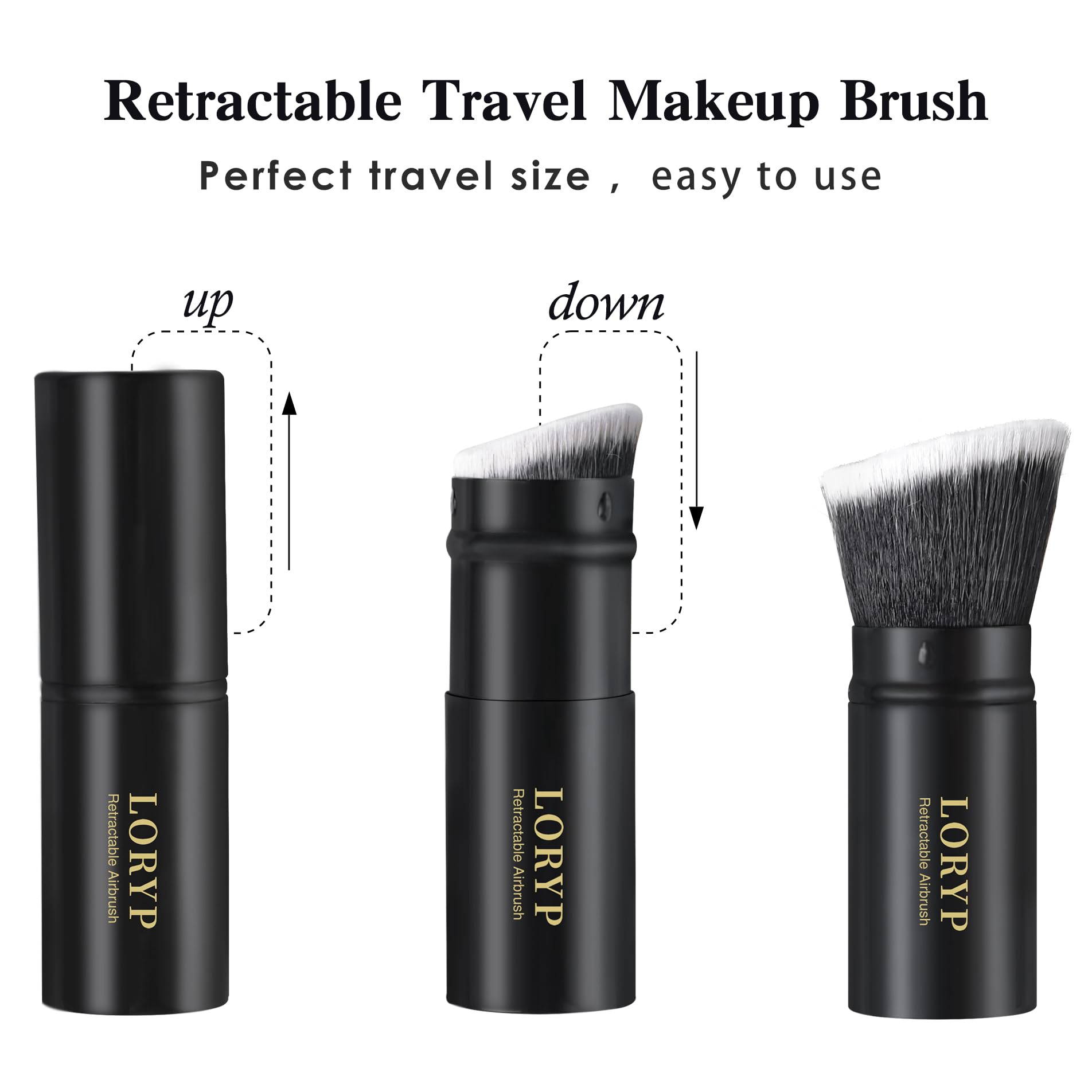 LORYP Retractable Kabuki Makeup Brush Set - 2 Pack Black Foundation Brush for Liquid, Cream & Powder Makeup | Travel-Friendly, Compact & Portable for On-the-Go Touch Ups