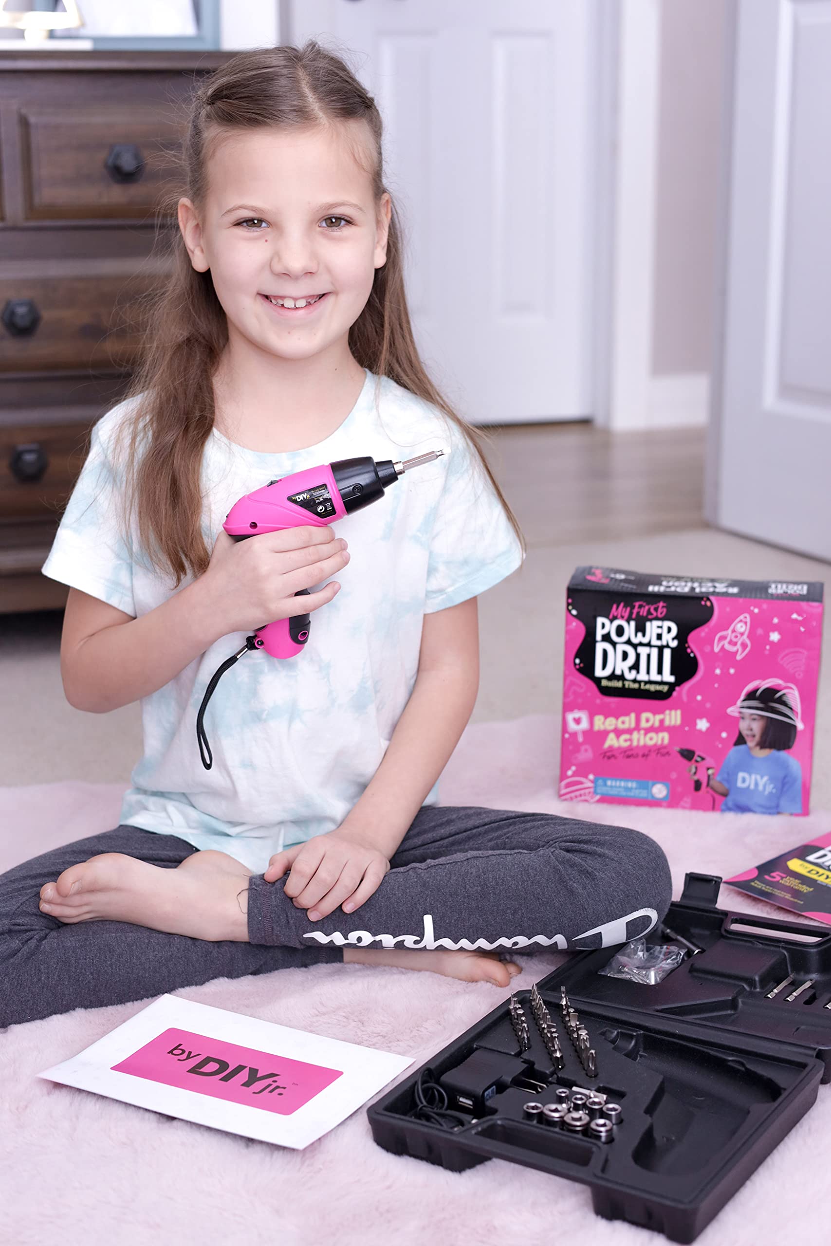 My First Power Drill for Kids - 60-Piece Rechargeable Cordless Pink Drill Set with LED Light & Carrying Case - STEM Learning & Construction Toy for Girls & Boys - Perfect for DIY Projects, Home Repairs & Pretend Play