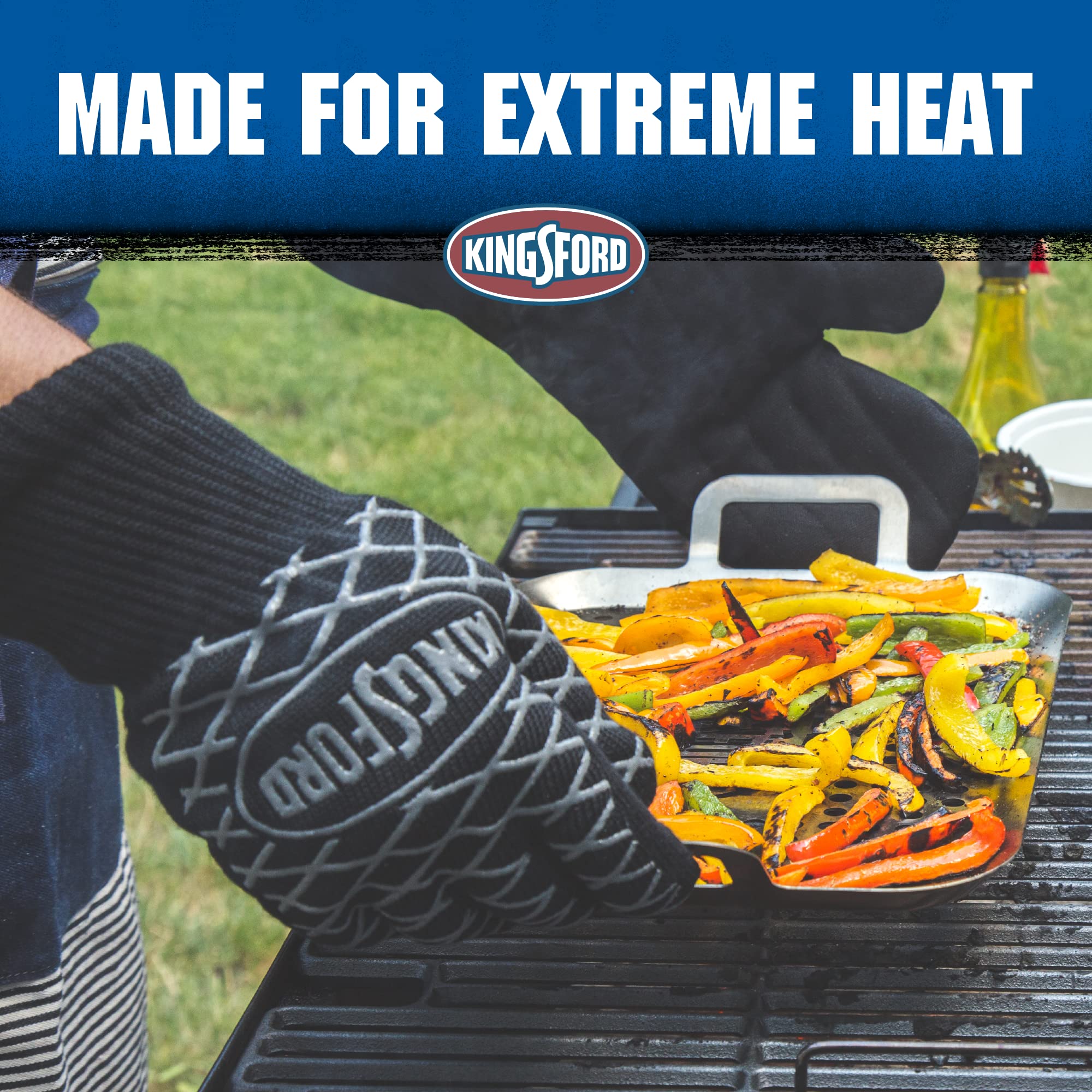 Kingsford Extreme Heat BBQ Grill Gloves (2-Pack) - Heat Resistant Silicone Grilling Gloves with Anti-Slip Grip for Barbecue & Smoker - Perfect for Grilling, Smoking, and Outdoor Cooking - Black, One Size Fits All
