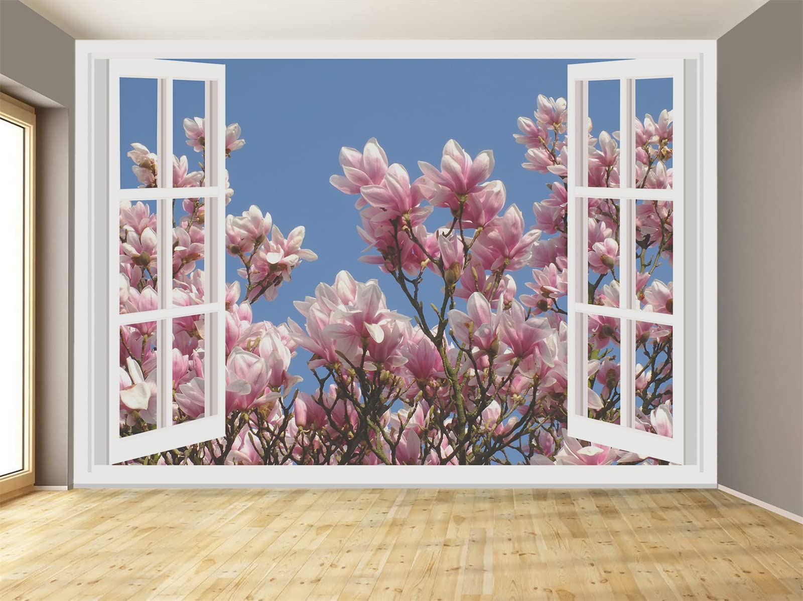3D Pink Flower Window Scenery Wall Mural - Large Removable Wallpaper Sticker for Living Room, Bedroom, Office & Kids Room Decor (144