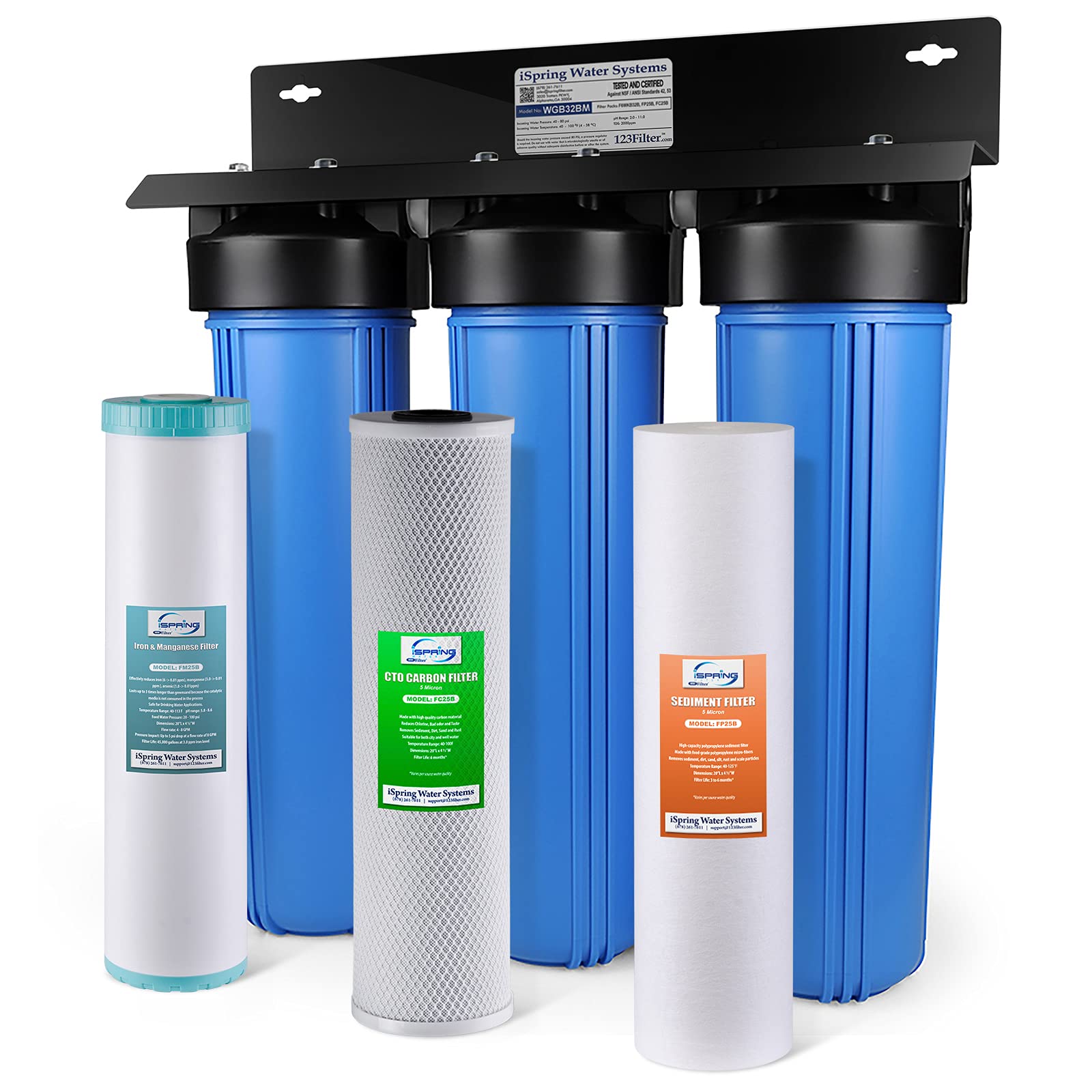 iSpring WGB32BM 3-Stage Whole House Water Filter System - Removes Iron, Manganese, Chlorine, Sediment, Bad Taste & Odor - Ideal for Well Water & Municipal Water Treatment