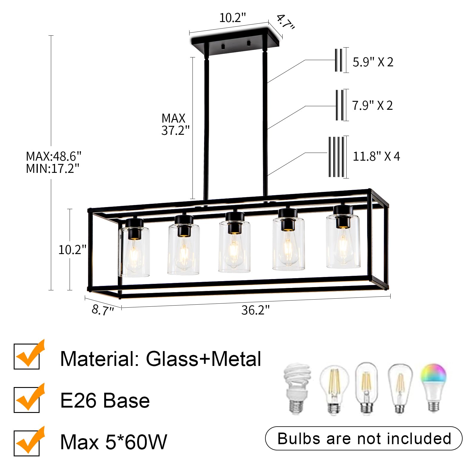 5-Light Matte Black Farmhouse Chandelier - Adjustable Height Rectangular Pendant Lighting for Dining Room, Kitchen & Living Room | Modern Industrial Hanging Light Fixture for Farmhouse, Restaurant & Home Decor