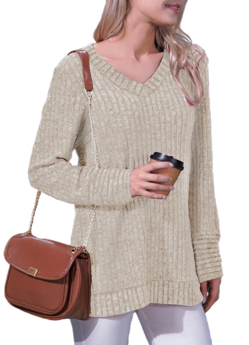 Xpenyo Women's V Neck Long Sleeve Tunic Sweatshirt - Casual Loose Fit for Work & Outings