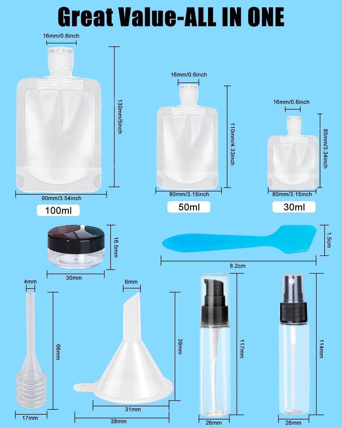17 Pack TSA Approved Travel Toiletry Bags - Leak Proof Refillable Containers for Shampoo, Conditioner & Lotion - Portable Stand Up Pouches for Airplane Travel, Camping & Vacation Essentials (A-17pcs)