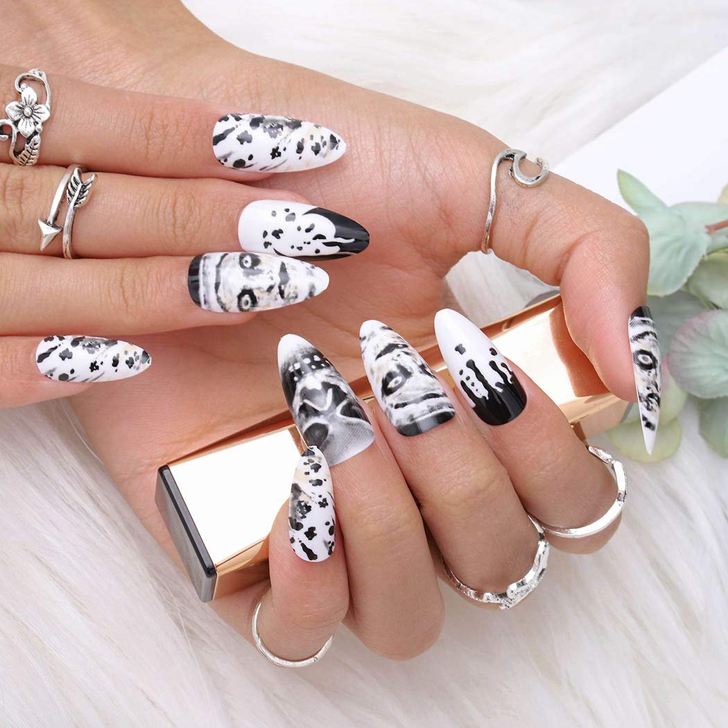 Gangel Skull Glossy Press-On Nails - Black & White Acrylic Fake Nails with Sharp Design, Full Cover Long False Nails for Women & Girls (24Pcs) - Perfect for Halloween Parties, Cosplay & Gothic Fashion