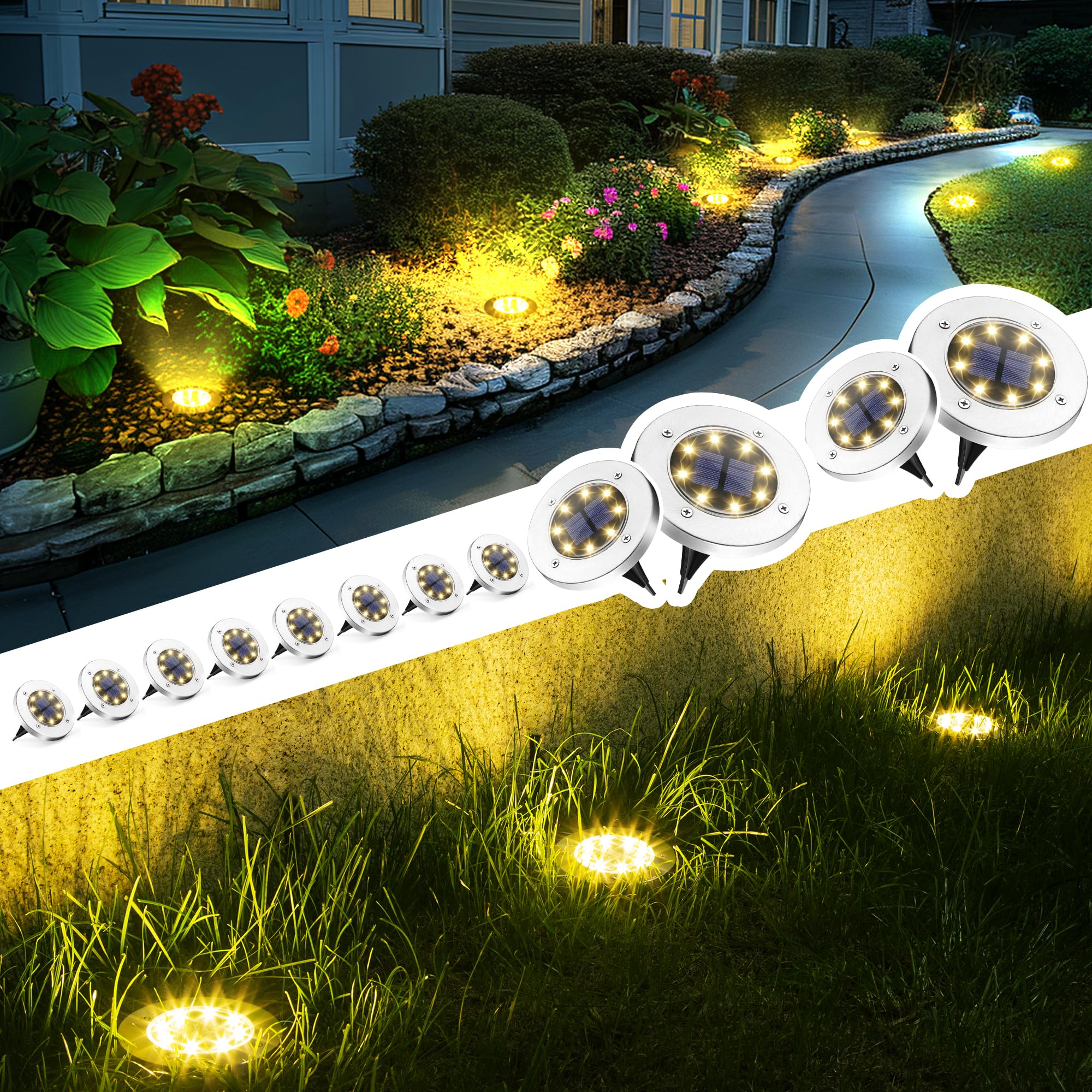 12 Pack Solar Ground Lights Outdoor Waterproof - Solar Pathway & Garden Lights for Patio, Yard, Driveway, Walkway - Warm White Landscape Lighting | Perfect for Backyard Decor, Garden Pathways & Nighttime Safety