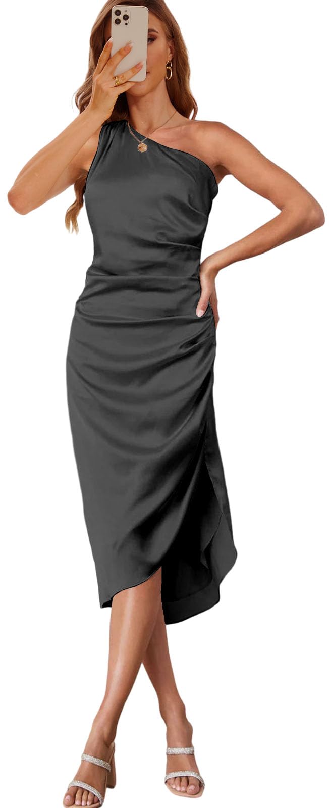 Zoghoo Women's Satin Bridesmaid Dress One Shoulder Formal Evening Gown with High Slit - Mid Length Wedding Guest Dress for Bridal Party, Prom, Cocktail Events