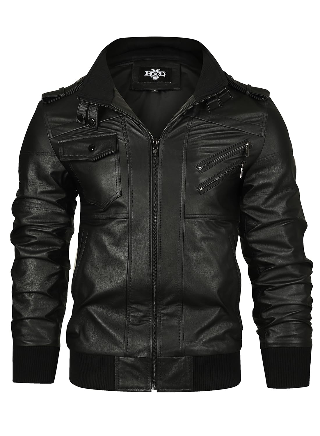 HOOD CREW Genuine Cowhide Leather Jacket for Men - Black Hooded Motorcycle Biker Jacket with Warm Lining | Perfect for Riding, Casual Wear & Outdoor Adventures