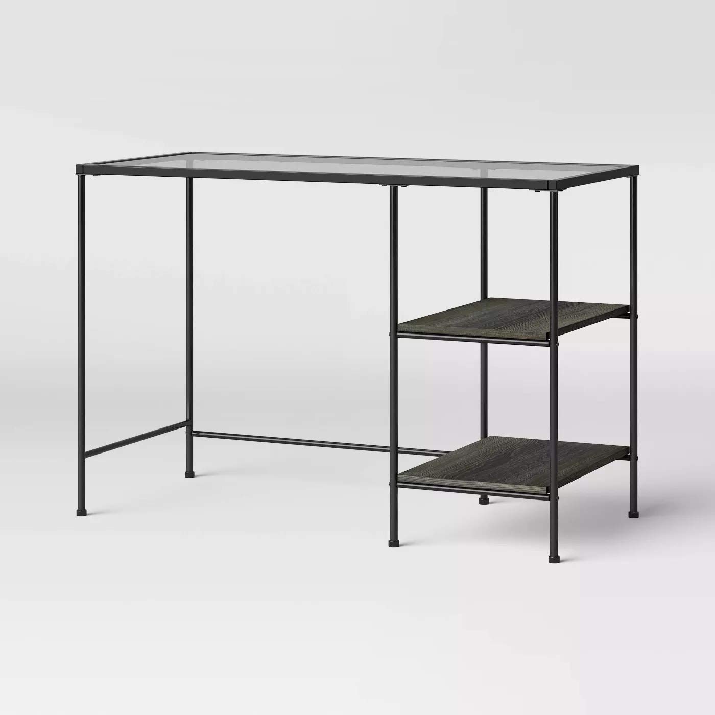 Fulham Modern Glass Top Desk with Wood Shelves - Black Home Office Desk for Small Spaces, Perfect for Study, Work, and Home Office Setup