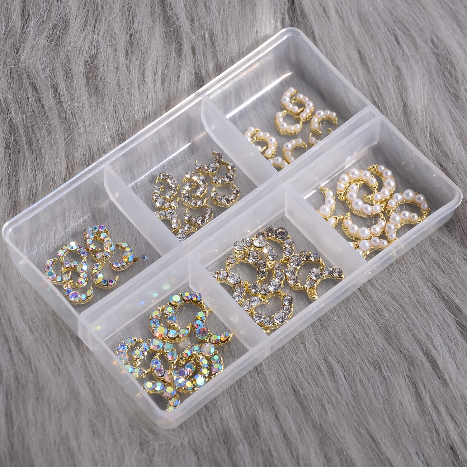 60 Pcs Moon Nail Charms - Shining Gold Nail Rhinestones with Moon Diamond Gem Pearl, Crystals Nail Studs for DIY Nail Art & Jewelry Making - Perfect for Manicures, Nail Decorations & Crafting (Includes Storage Box)