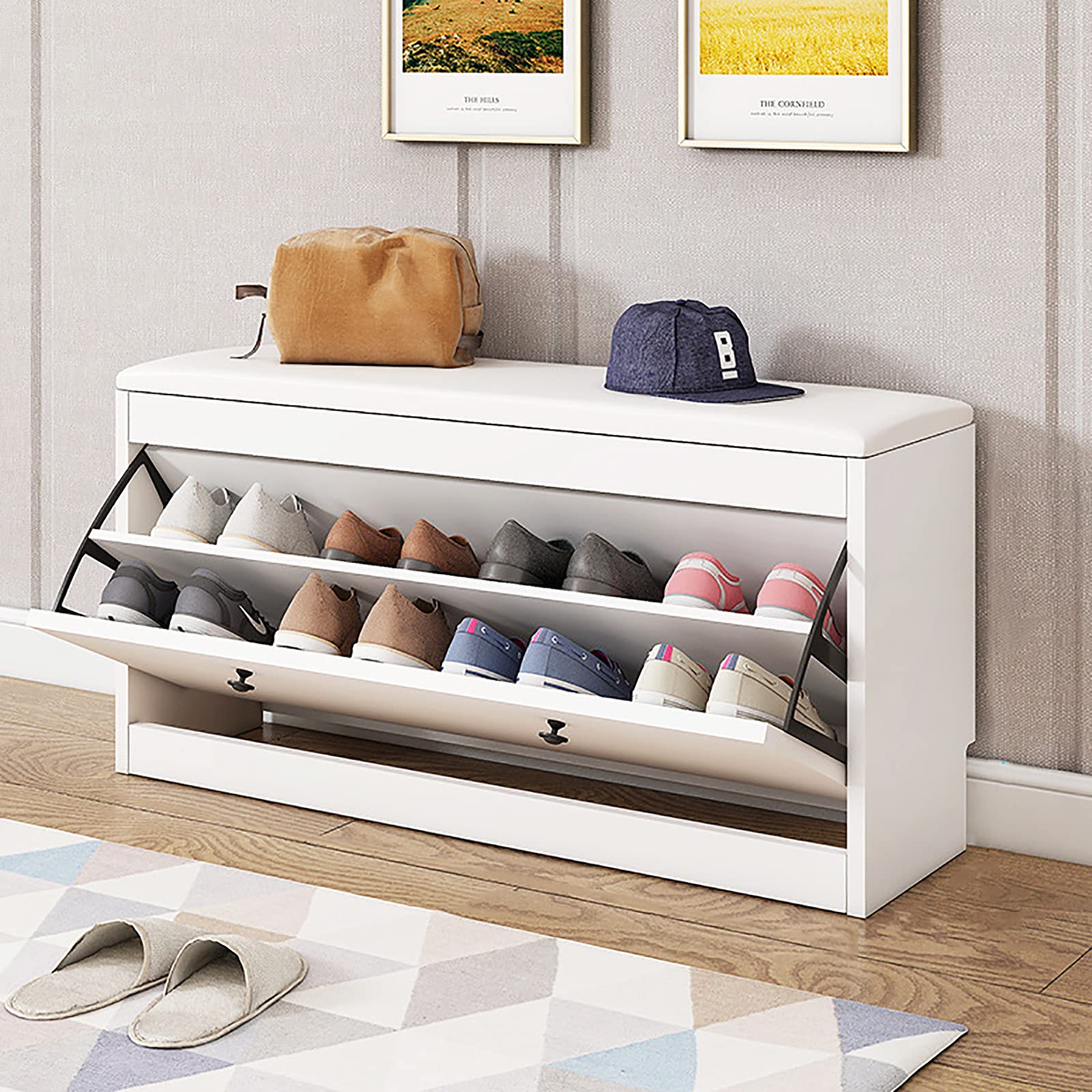 Modern Entryway Bench with Hidden Shoe Storage - PU Leather Shoe Cabinet & Changing Stool - 80x24x50cm (31x9x20inch) - Space-Saving Hallway Organizer for Shoes & Accessories - Perfect for Small Apartments & Entryways