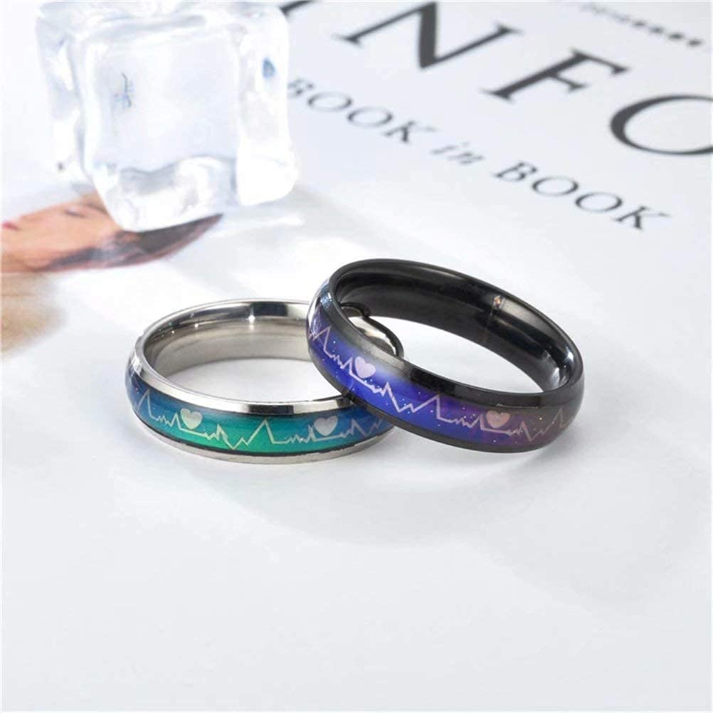 6MM 316L Stainless Steel Heartbeat Pattern Temperature Sensitive Color Changing Wedding Band Mood Ring for Men & Women - Perfect for Couples, Anniversary Gifts, and Unique Fashion Accessories