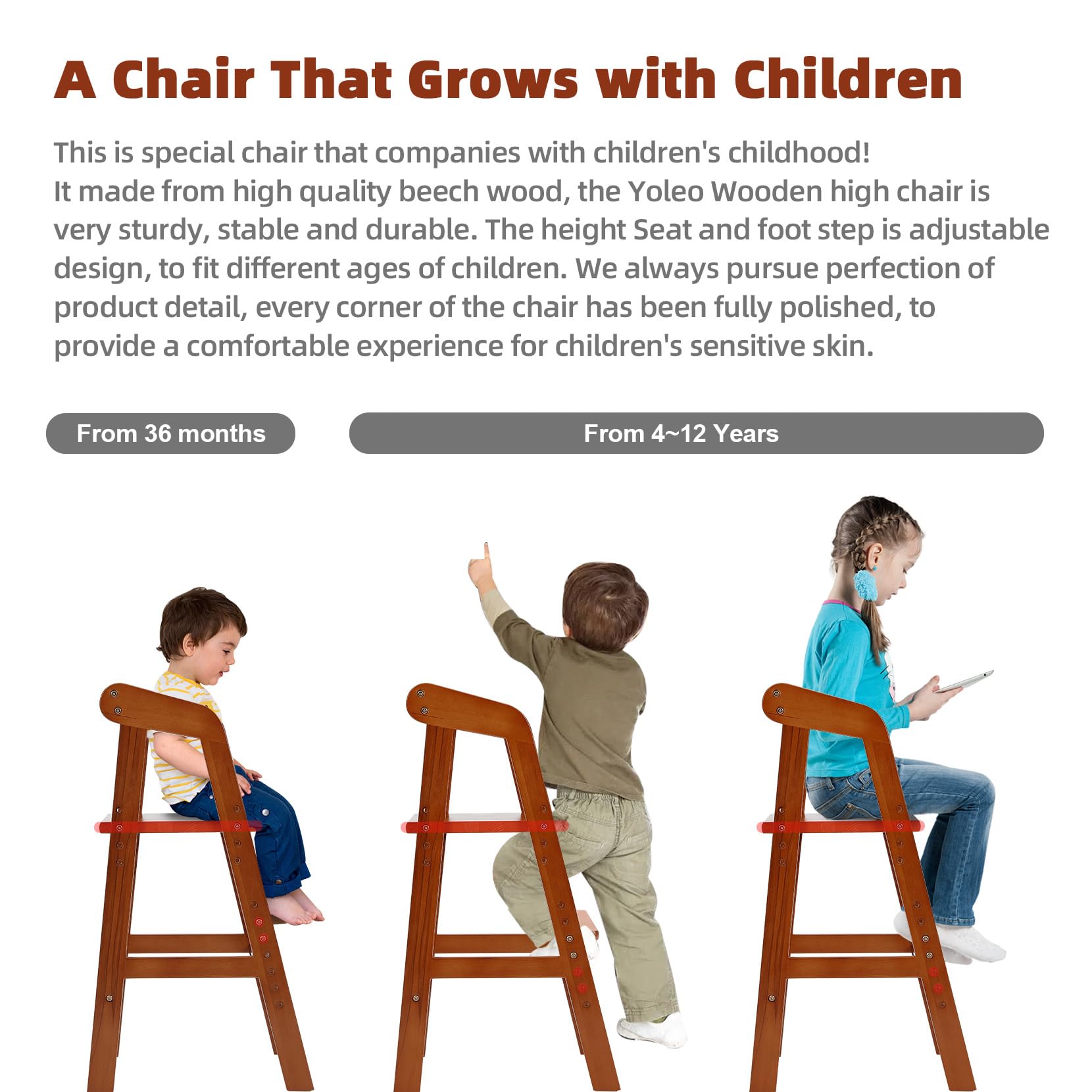 Adjustable Wooden High Chair for Toddlers - Convertible Dining & Feeding Chair with Removable Cushion - Grow with Your Child for Mealtime, Study & Play - Nut Brown Baby Step Stool Included - Perfect for Home, Restaurant & Daycare Use