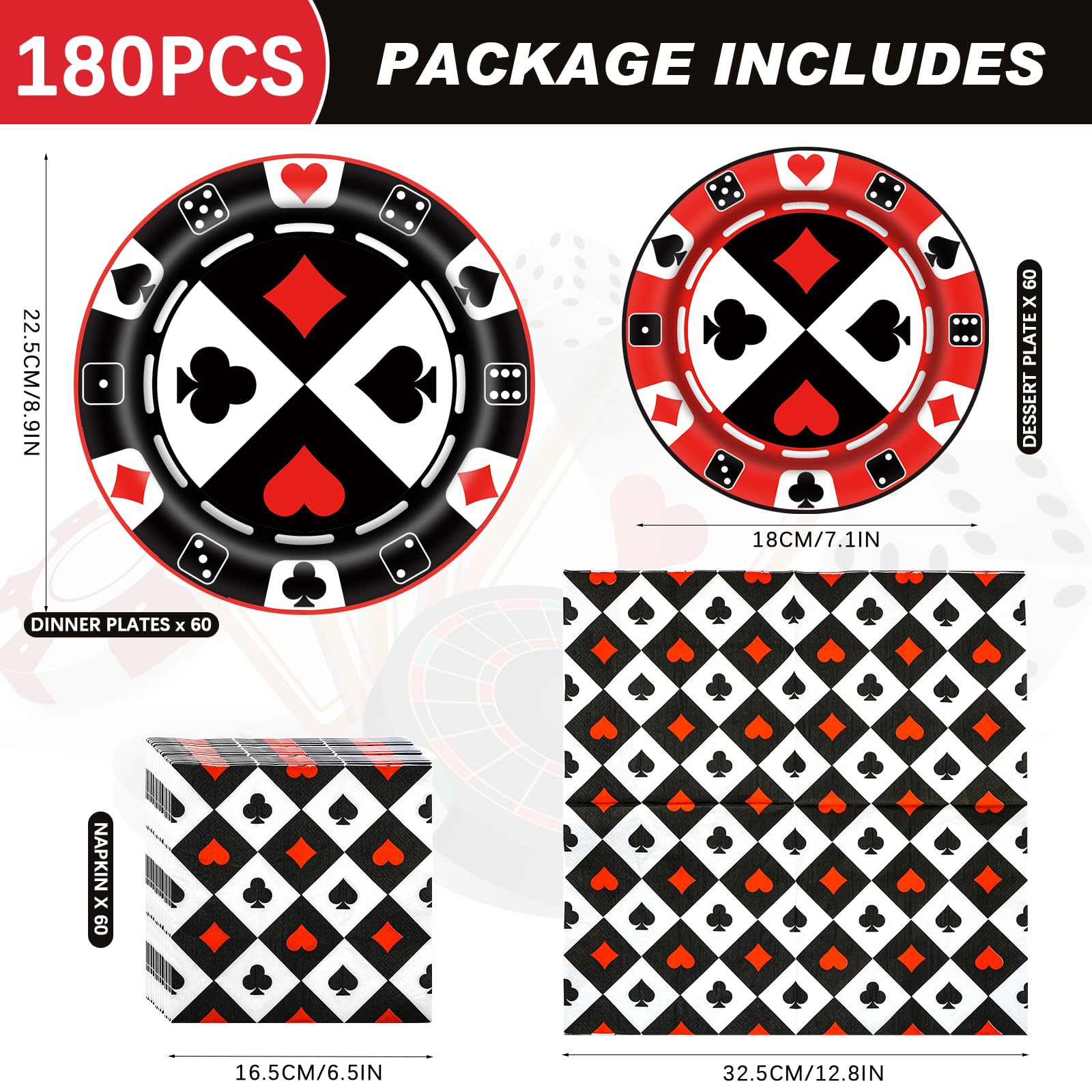 180PCS Casino Party Supplies Set - Poker Themed Paper Plates & Napkins Kit for 60 Guests | Includes Dinner Plates, Dessert Plates & Napkins | Perfect for Casino Night, Poker Club Events & Birthday Party Decorations | Ideal for Themed Parties, Game Nights & Special Celebrations