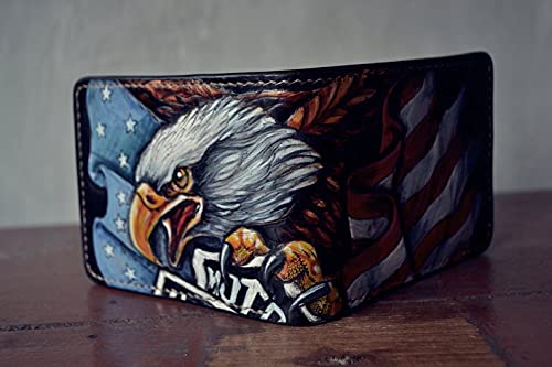 American Flag & Eagle 3D Genuine Leather Bifold Wallet for Men - Handmade Motorcycle Club Design with Engine & Airbrush Art - Custom Personalized Carved & Tooled Leather Wallet - Perfect for Bikers, Travel & Everyday Use