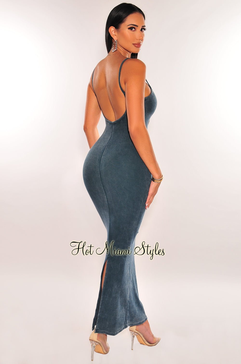 Vintage Wash Blue Ribbed Spaghetti Strap Scoop Back Maxi Dress with Side Slit - Perfect for Summer Beach Parties, Weddings & Casual Outings