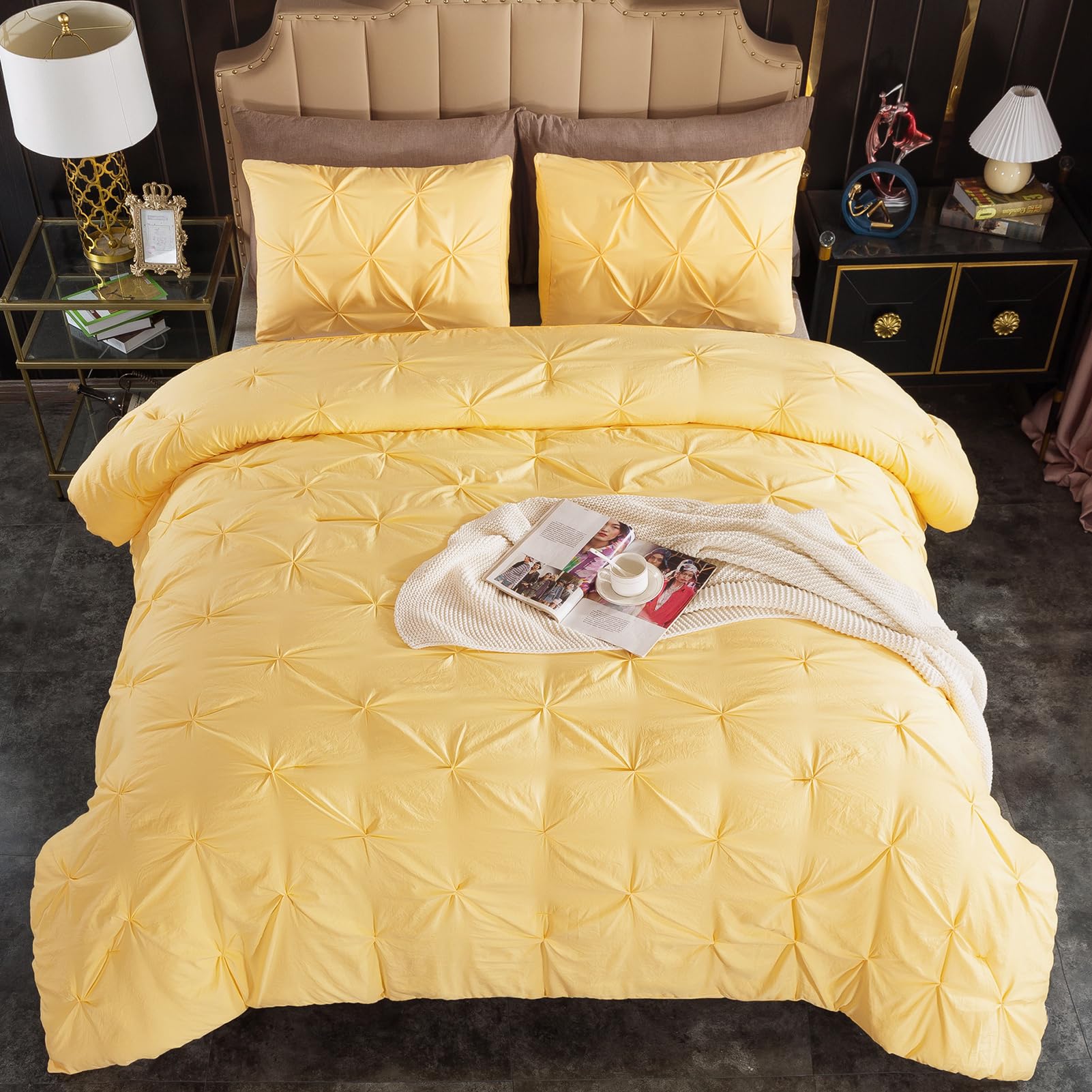 Premium Andency Yellow Pinch Pleat Comforter Set - Queen Size (90x90 Inches) 3-Piece Microfiber All-Season Down Alternative Bedding with Pintuck Design - Includes 1 Comforter & 2 Pillow Shams - Perfect for Master Bedroom, Guest Room & Cozy Home Decor