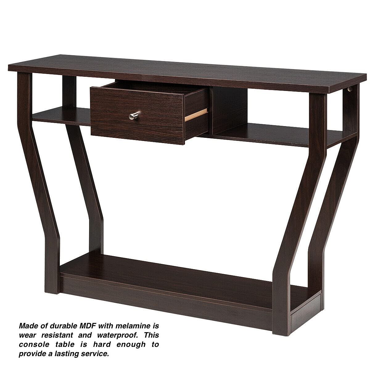 Dark Brown Modern Console Table with Curved Legs & Slide-Out Drawer - Entryway Hallway Accent Table with Bottom Display Shelf for Living Room, Bedroom, Home Office Décor | Perfect for Small Spaces & Apartment Entryways