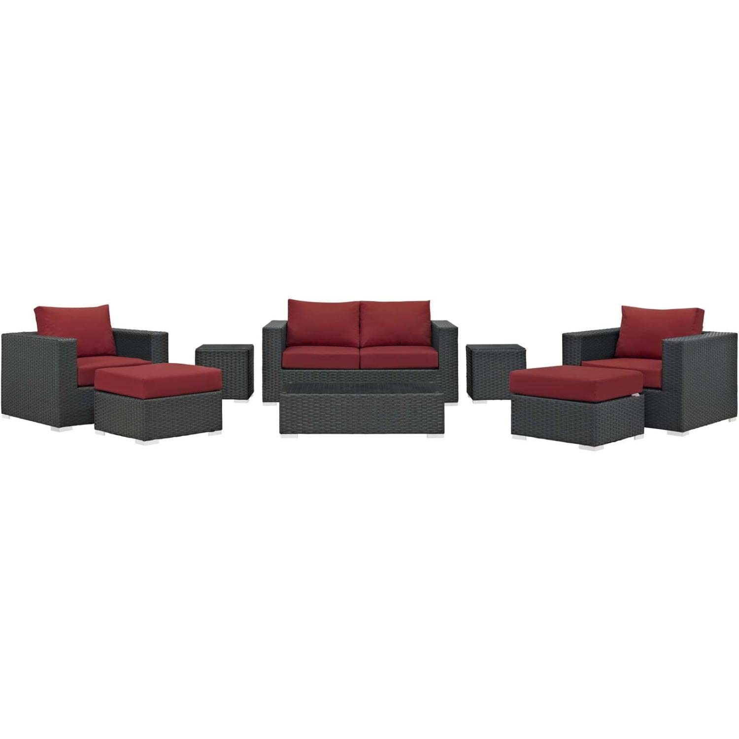 Modway Sojourn 8-Piece Outdoor Patio Sectional Set - Wicker Rattan Furniture with Sunbrella Canvas Red Cushions for Backyard, Poolside & Garden Relaxation