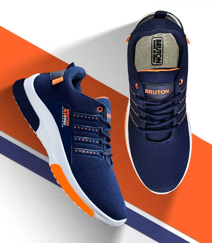 BRUTON Men's Casual & Running Shoes - Lightweight Sports Sneakers in Blue & Orange for Walking, Jogging, and Gym Workouts