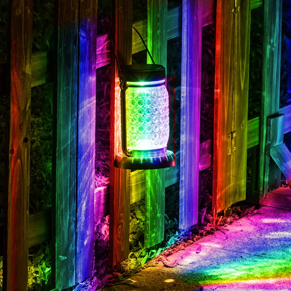 2 Pack Solar Mason Jar Lights - Waterproof RGB Color Changing Outdoor Hanging Lanterns for Garden, Yard, Patio, Deck, Courtyard | Perfect for Evening Gatherings, Romantic Ambiance & Pathway Lighting