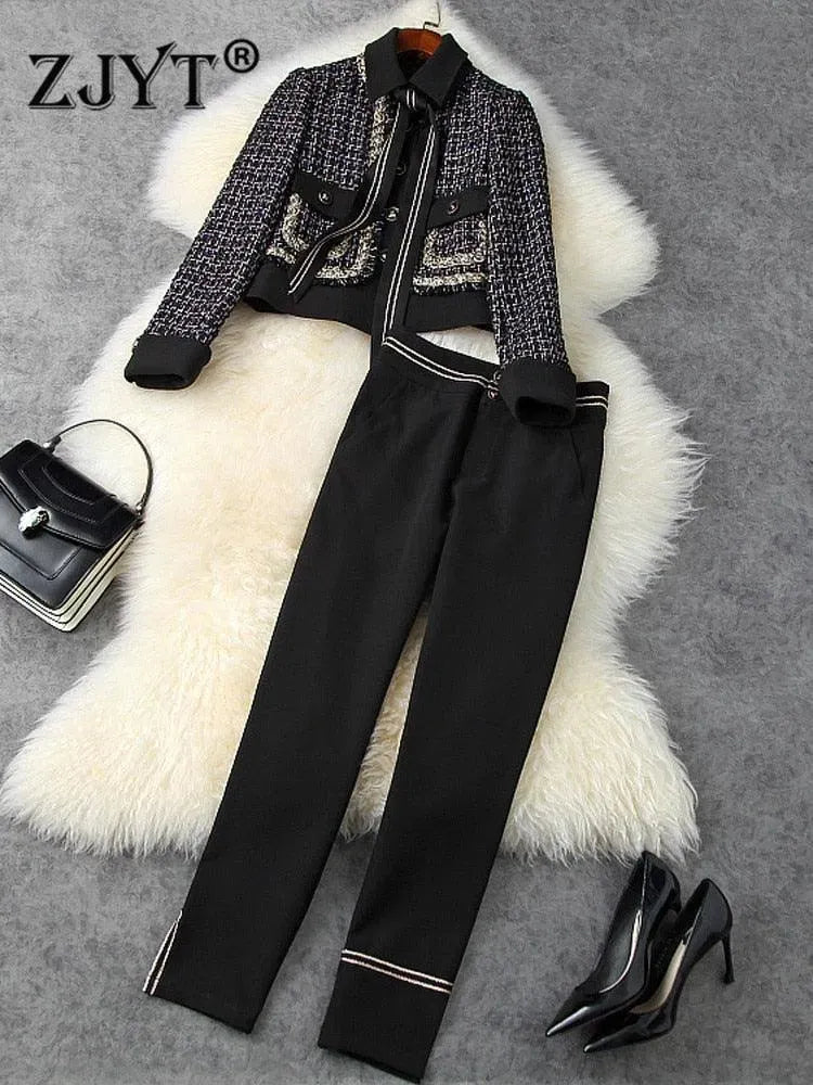 Stylish Tweed Wool Blazer and Pantsuit Set for Women - Classic Office Wear & Business Formal Attire - Perfect for Work, Meetings, and Professional Events