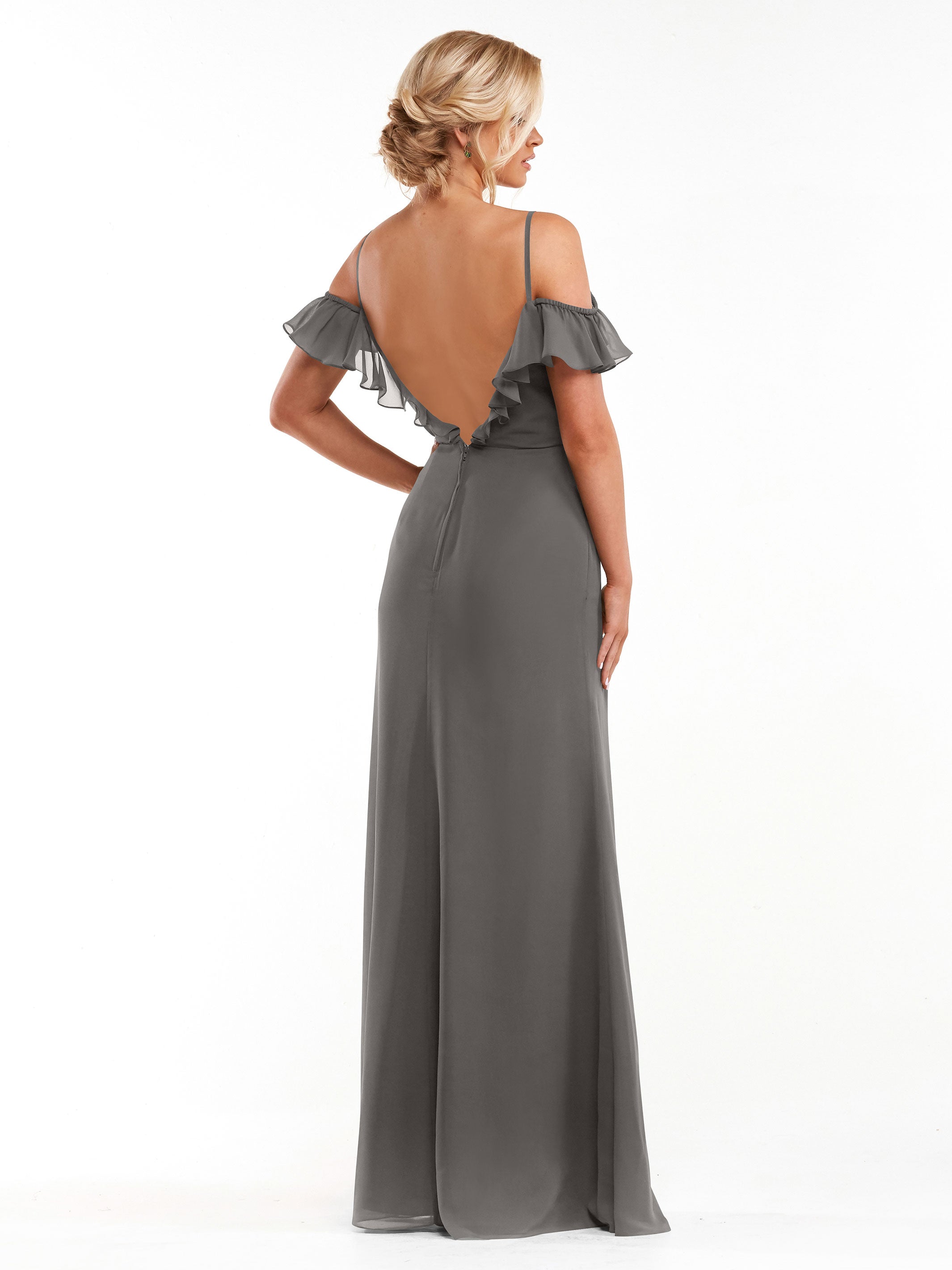 Elegant 80172 Chiffon Off-The-Shoulder A-Line Bridesmaid Dress with Ruffled Neckline - Perfect for Weddings, Formal Events & Special Occasions