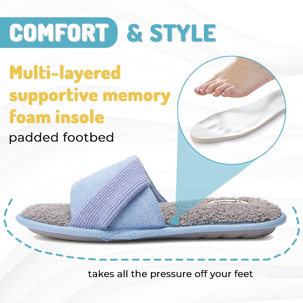 Floopi Women's Soft Waffle Summer Slide Slippers - Memory Foam Open Toe Sandals with Knit Strap, Terry Cloth Insole & Anti-Slip Rubber Outsole | Indoor/Outdoor House Shoes for Beach, Poolside, Yoga & Lounging