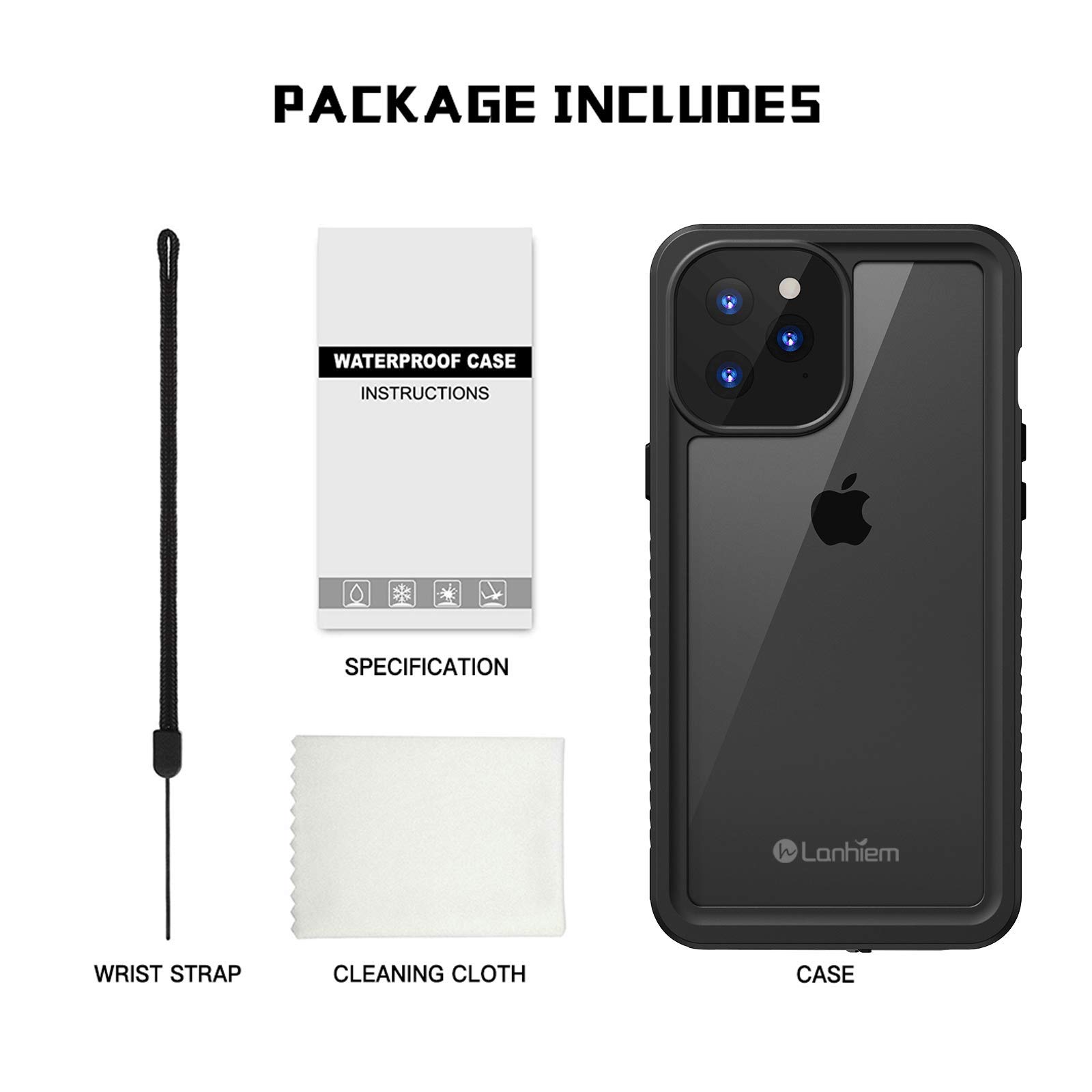**Lanhiem iPhone 12 Pro Max Case 6.7 Inch – IP68 Waterproof, Dustproof, Shockproof with Built-in Screen Protector | Full Body Underwater Protection | Clear Black Cover for Swimming, Hiking & Outdoor Activities**