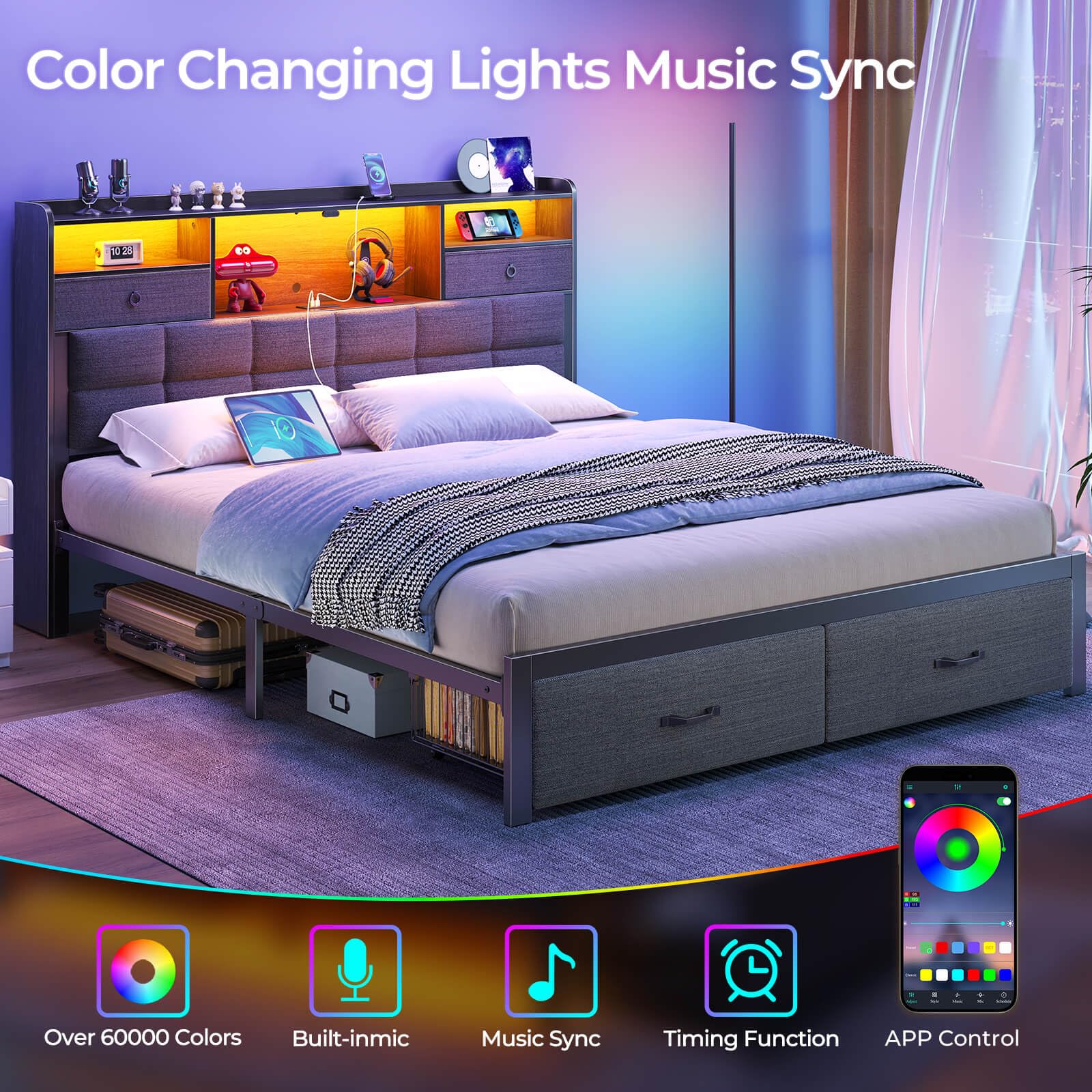 Rolanstar Queen Size Upholstered Platform Bed Frame with Storage Drawers, USB Charging Station & LED Headboard - Heavy Duty Metal Frame, No Box Spring Needed, Noise Free, Grey - Perfect for Modern Bedrooms, Guest Rooms & Small Spaces