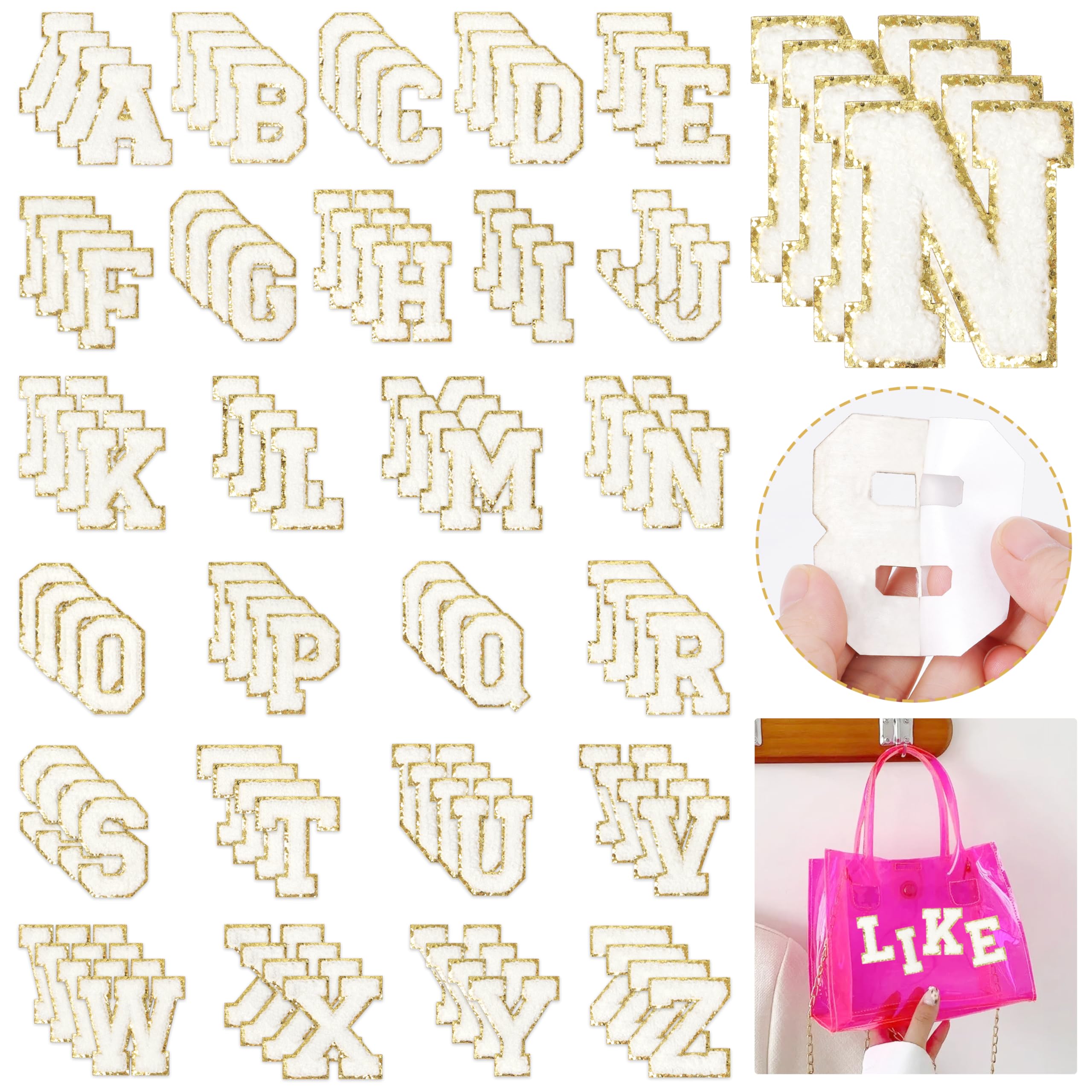 Self-Adhesive Chenille Letters Patches - 104PCS White Iron-On for Clothing & Backpacks | DIY Fashion & School Accessories