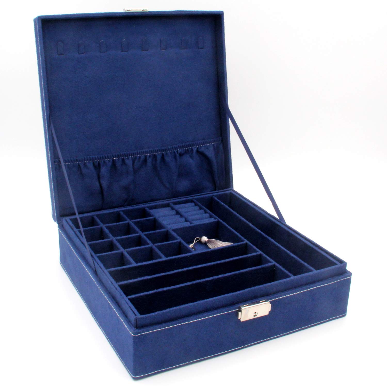 2-Layer Jewelry Organizer Box with Lock - Deep Blue Storage Case for Necklaces, Rings & Earrings | Perfect for Travel, Gift Giving & Home Display