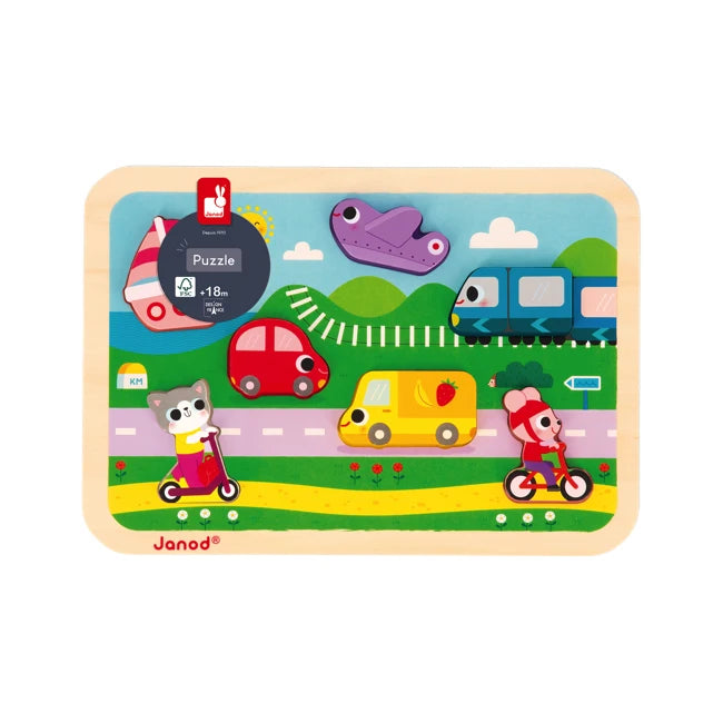 Janod Wooden Chunky Puzzle - Vehicles for Toddlers & Kids | Educational Wooden Toy for Early Learning & Fine Motor Skills | Perfect for Playtime, Gifts & Preschool Activities