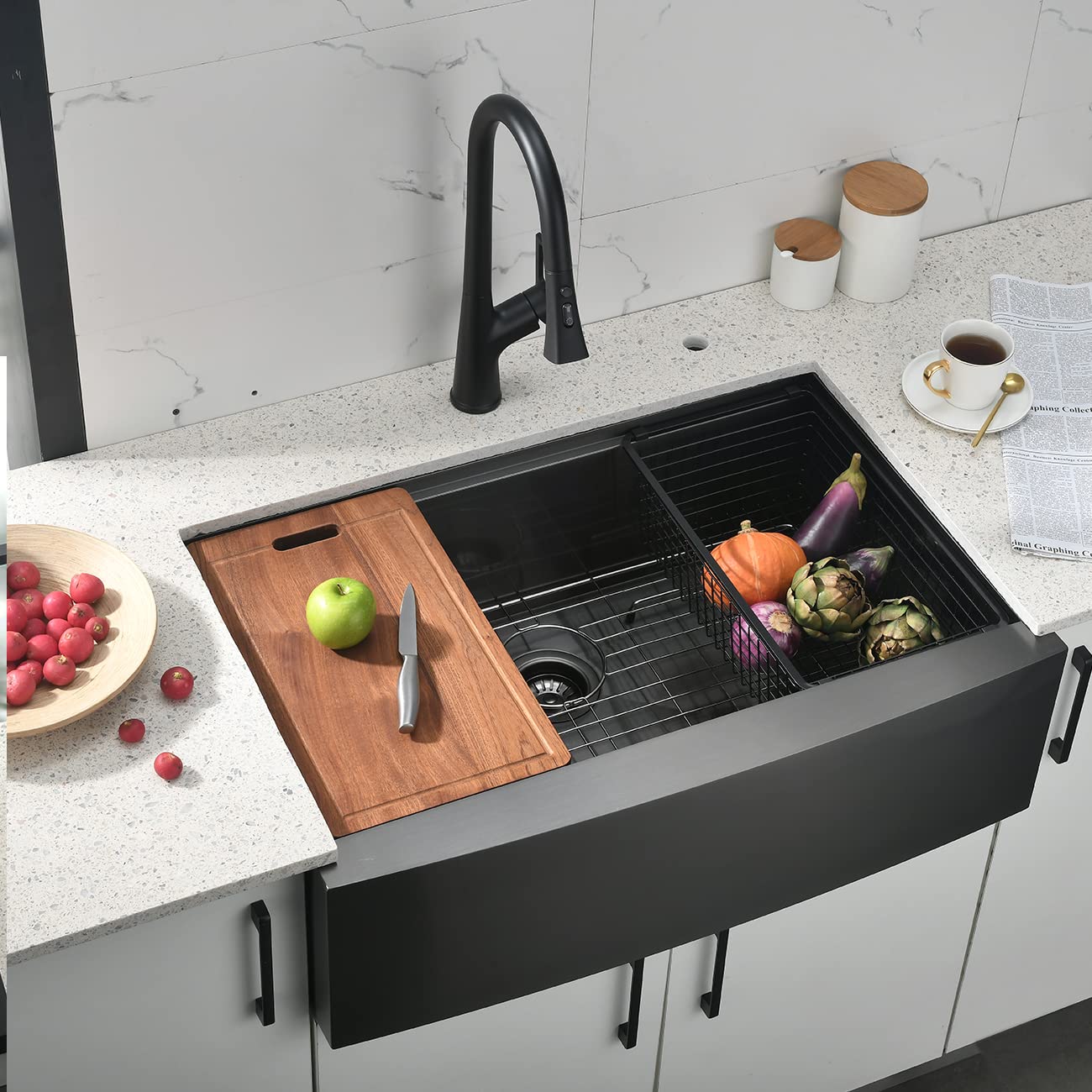 30 Inch Black Undermount Farmhouse Kitchen Sink - 16 Gauge Stainless Steel Apron Front Sink with Accessories (30