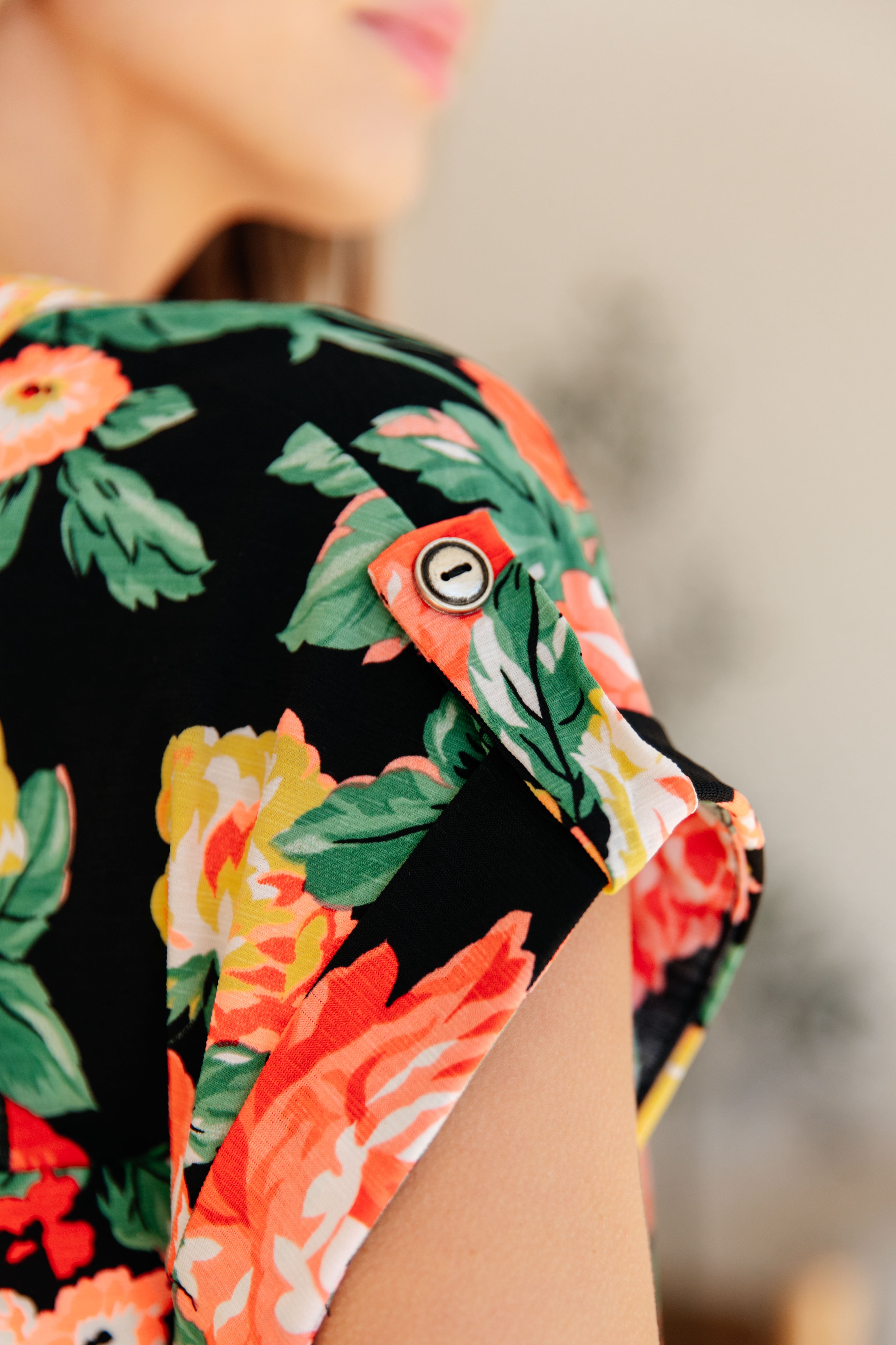 Lizzy Cap Sleeve Top - Black Garden Floral Print Women's Blouse | Perfect for Spring Outfits, Date Nights & Office Wear