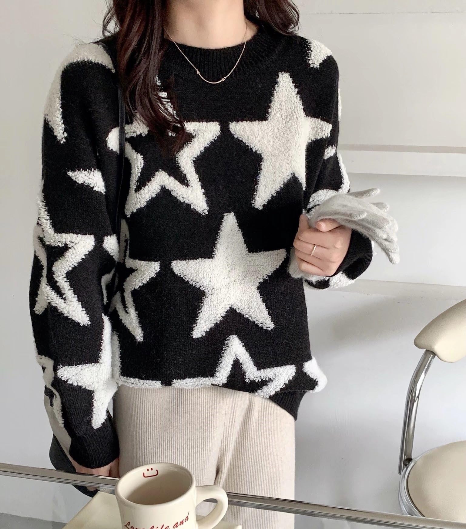 CYee Y2K Baggy Sweater - Vintage Emo Goth Star Pullover Top for Women | Fairy Grunge Alternative Streetwear | Perfect for Concerts, Downtown Outings & Coquette Aesthetic Fashion