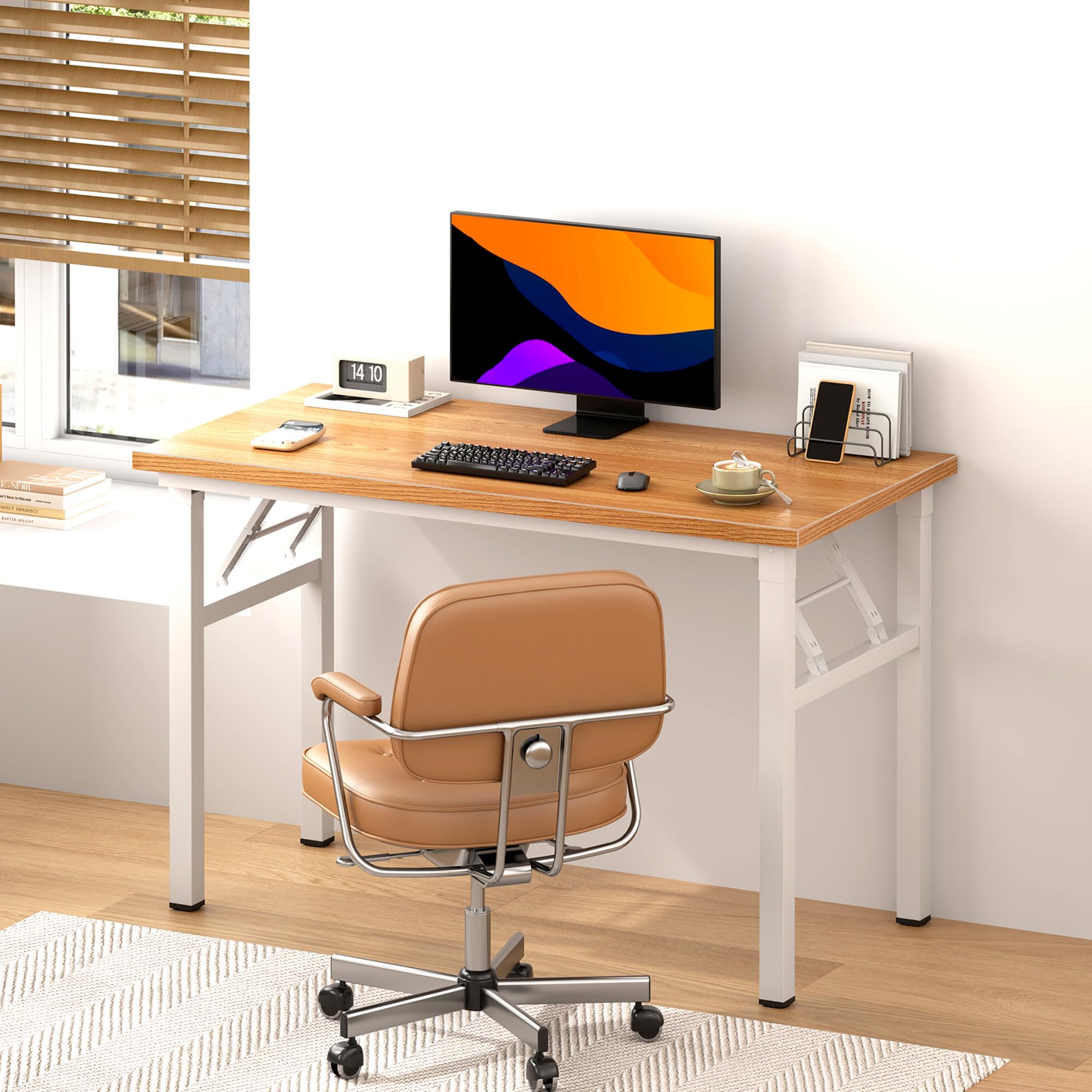 DlandHome 39 Inch Folding Table - Portable Computer Desk for Home Office, Conference & Study | Sturdy Teak & White Finish | Fully Assembled | Ideal for Small Spaces, Dorms & Workstations (Model: DND-ND5-100TW)