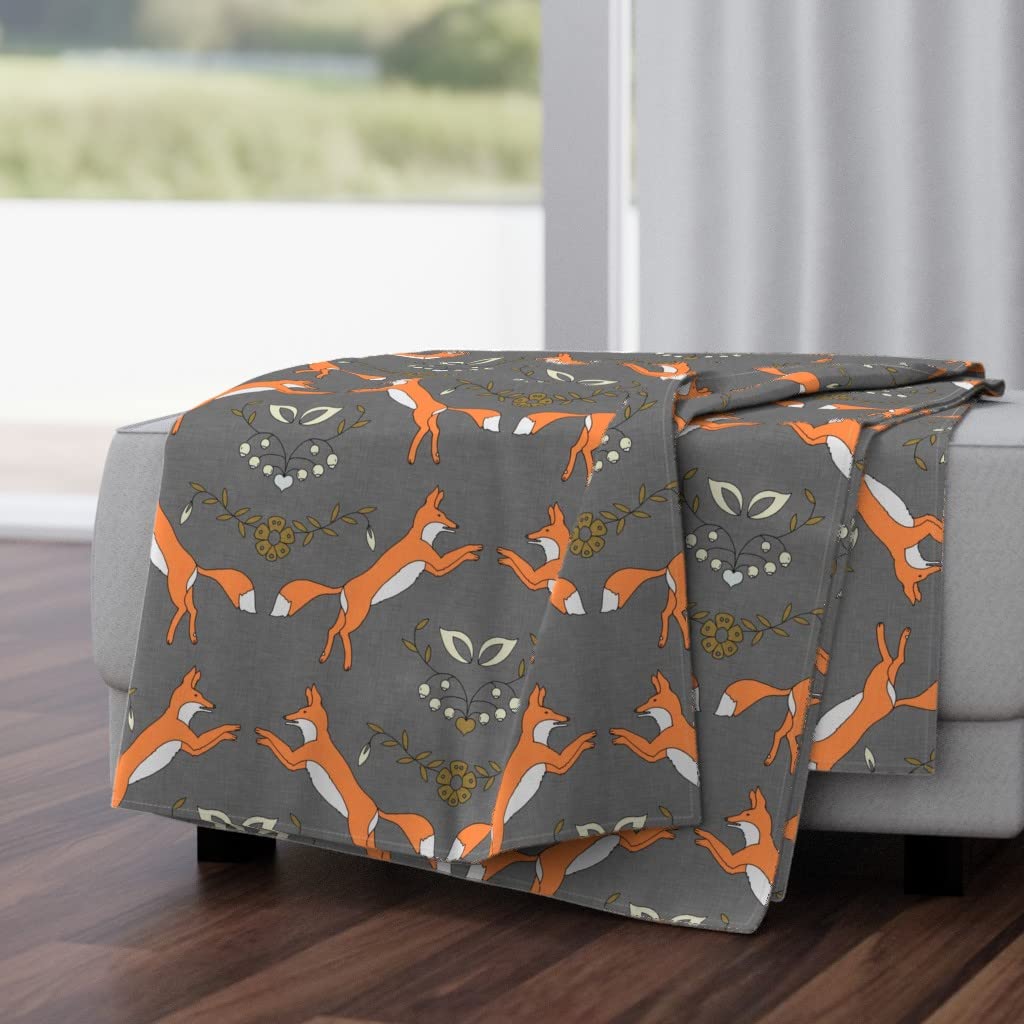 Soft Fox Orange Gray Floral Animal Print Plush Minky Throw Blanket 50
