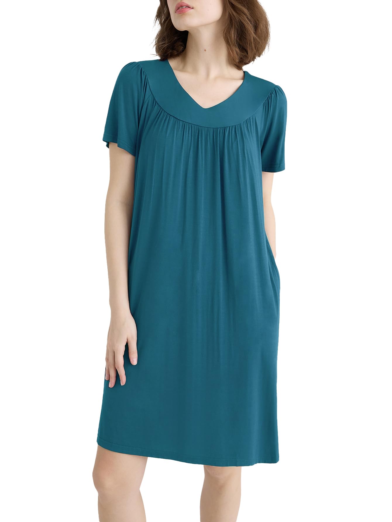 Women's V-Neck Short Sleeve Knee-Length Nightgown with Pockets - Comfortable Sleepwear for Summer & Lounge Wear at Home