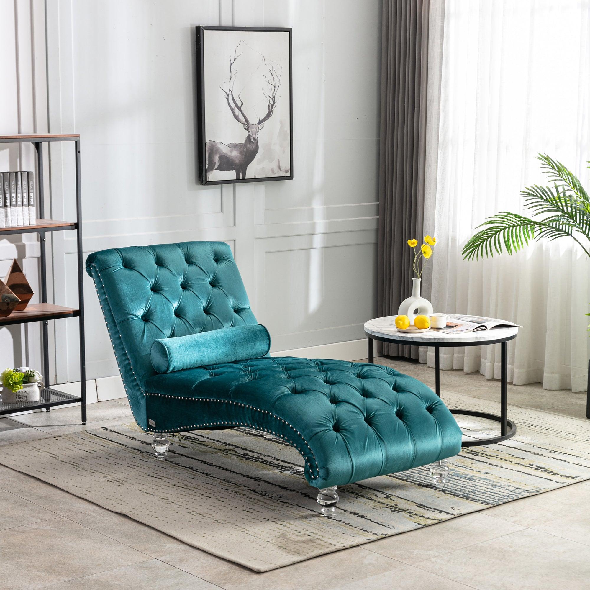 Luxury COOMORE Velvet Chaise Lounge Chair - Button Tufted Upholstered Sofa with Pillow for Bedroom, Living Room & Office - Teal Velvet - Perfect for Reading Nook, Lounge Area & Home Decor