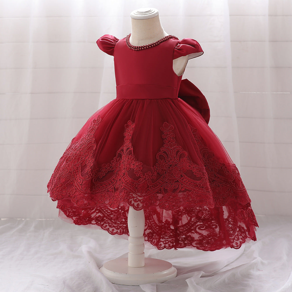 Burgundy Princess Jewel Neck Tea-Length Satin Flower Girl Dress for Weddings, Pageants & Special Occasions