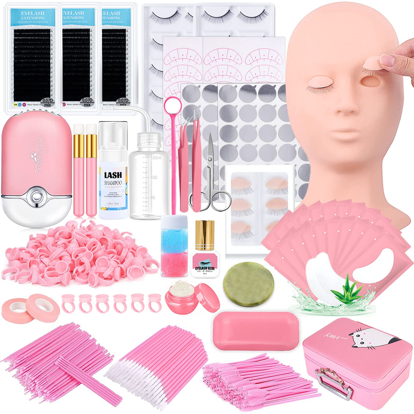 Professional Eyelash Extension Kit with Mannequin Head, Removable Eyelids & USB Lash Fan - Complete Practice Set for Beginners | Includes False Eyelashes, Shampoo Brush & Glue Tools | Perfect for Salon Training & Home Use