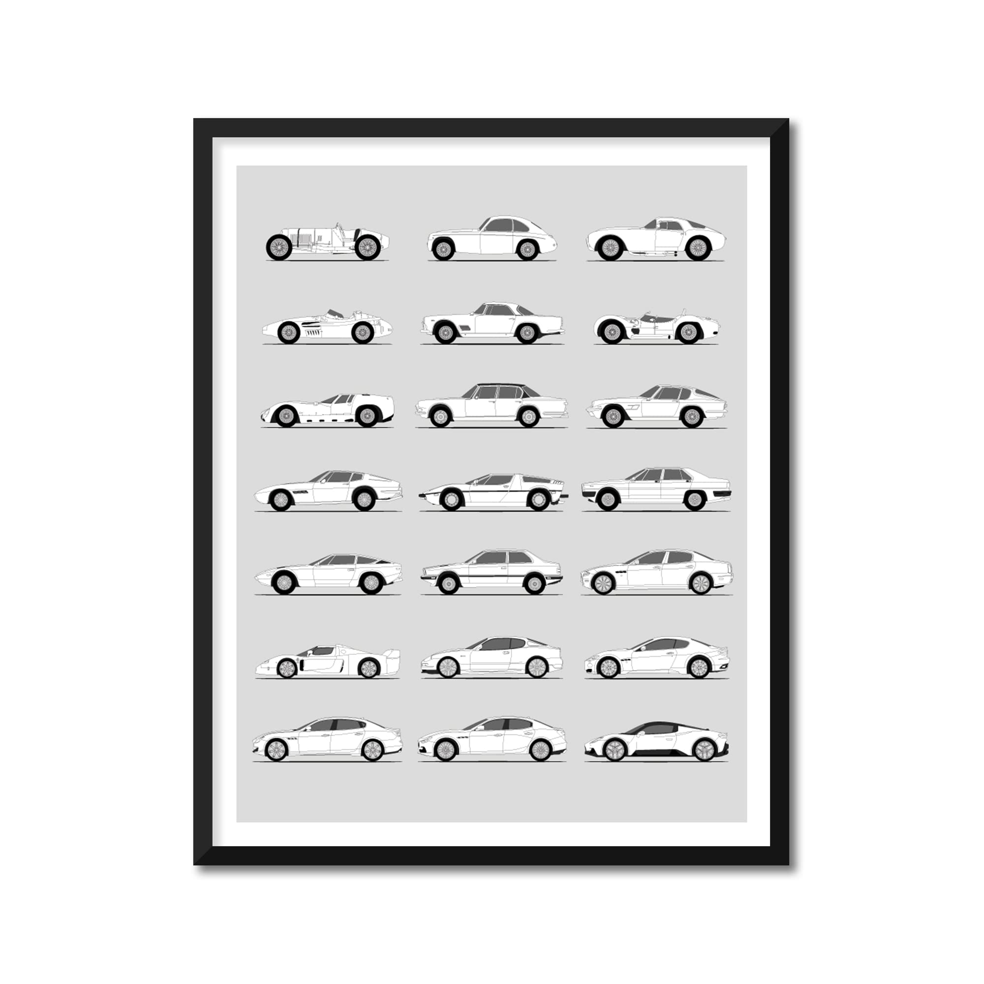 Vintage Maserati Car Wall Art Print - Handmade Decor Showcasing Maserati Generations & Evolution (17x22 Inches Unframed, Premium Satin Paper) - Perfect for Car Enthusiast Gifts, Man Cave Decor & Italian Luxury Auto Lovers
